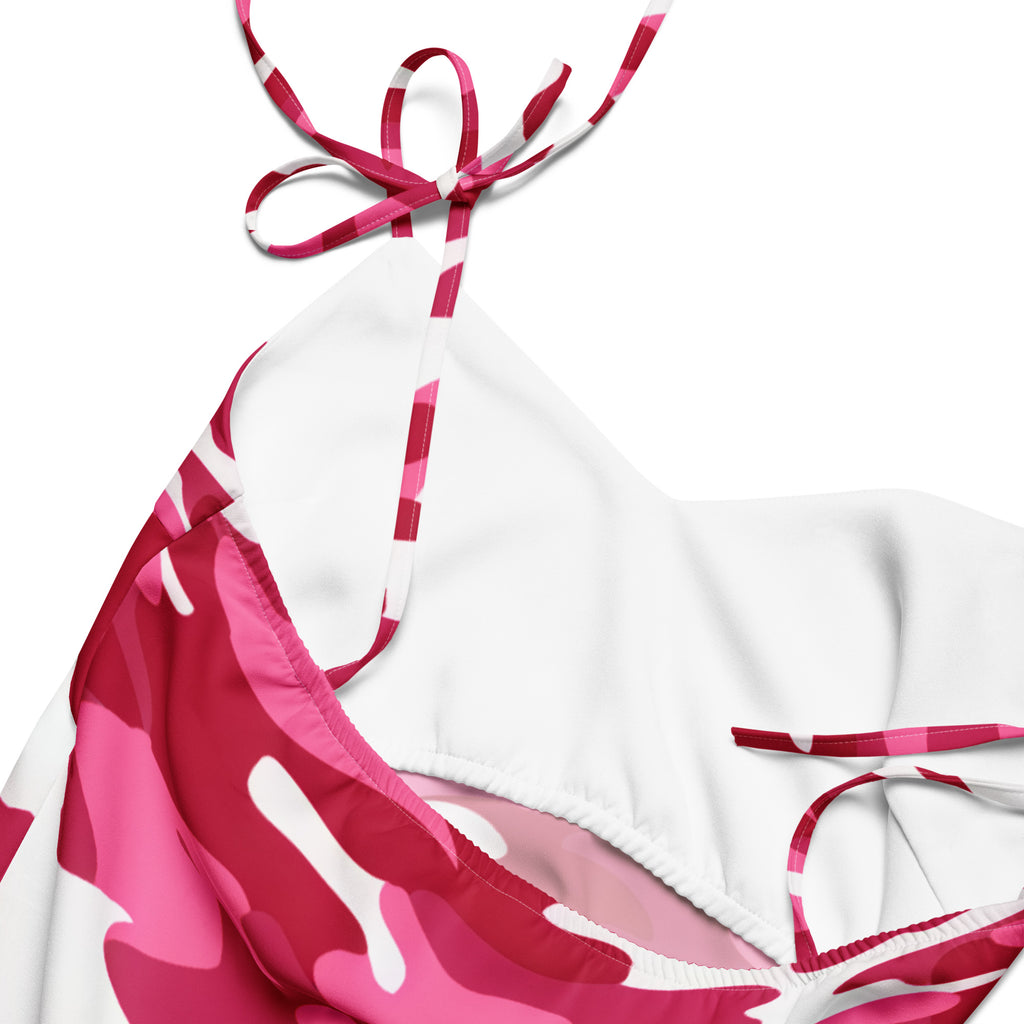 Women’s bright pink camouflage slip dress midi with adjustable tie straps halter top and matching striped ties