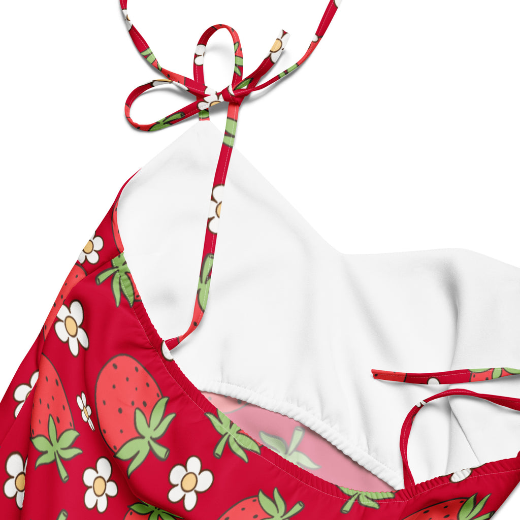Women’s red strawberry slip dress midi dress with adjustable tie straps and built-in bra in halter top bikini style