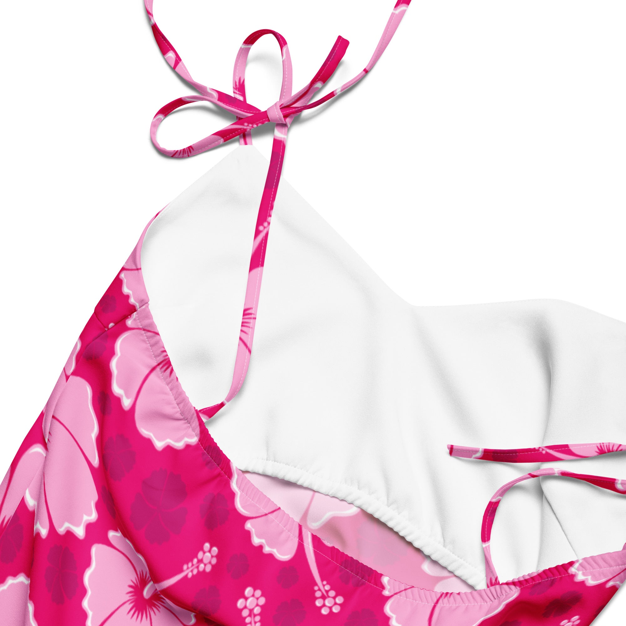 Women’s tropical pink hibiscus slip dress midi dress with adjustable tie straps and built in bra shown with vibrant pink halter top bikini