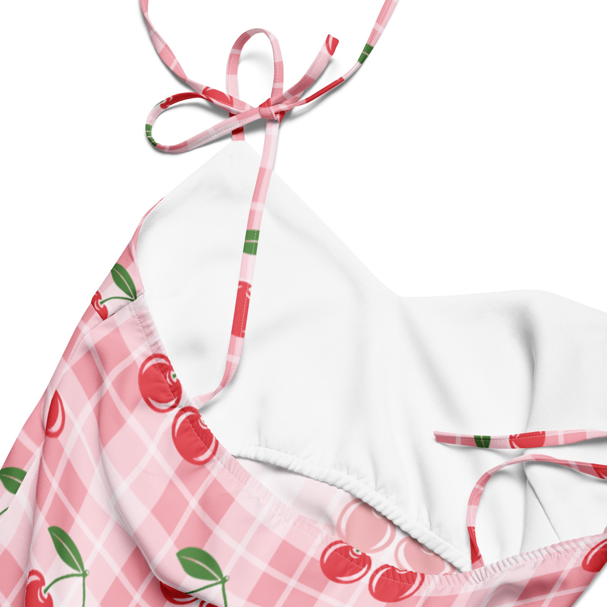 Women’s pink cherry gingham slip dress midi dress with adjustable tie straps featuring pink plaid halter top with cherries