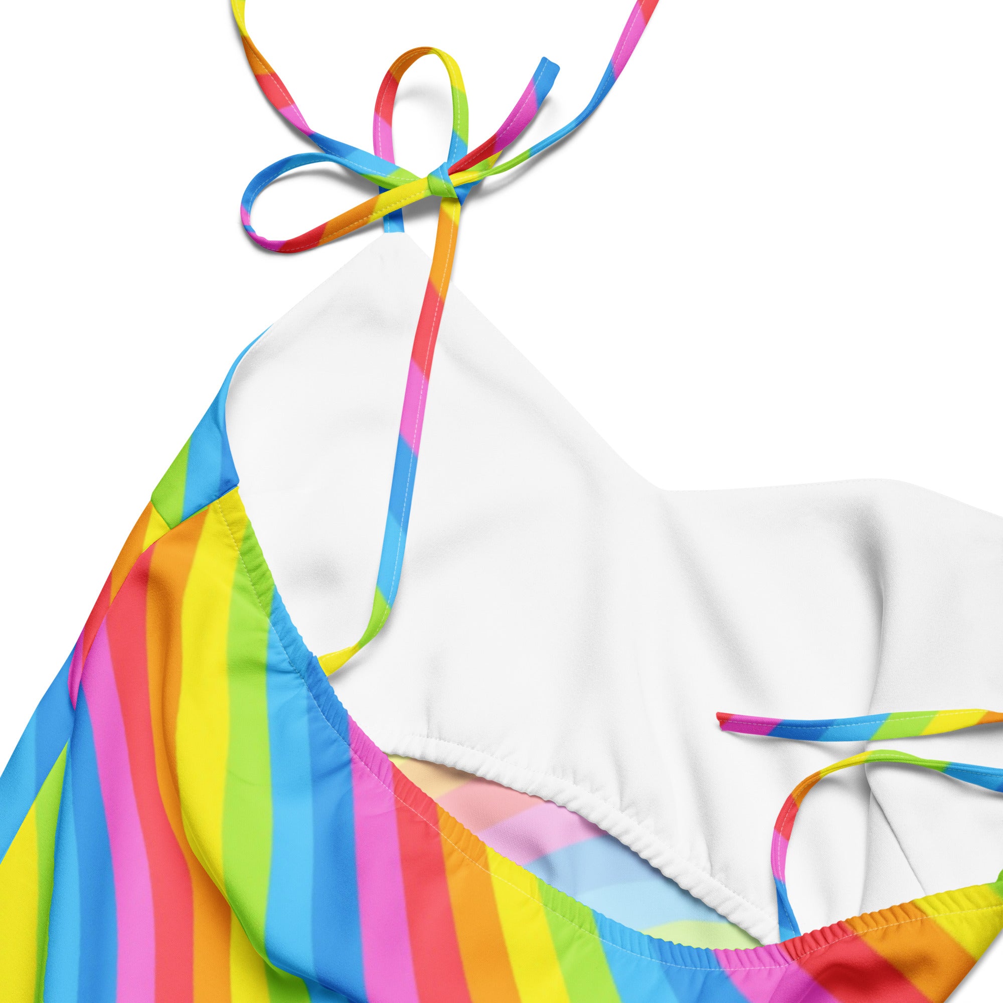 Women’s midi slip dress with vibrant rainbow stripes colorful tie straps and white built in bra underlayer