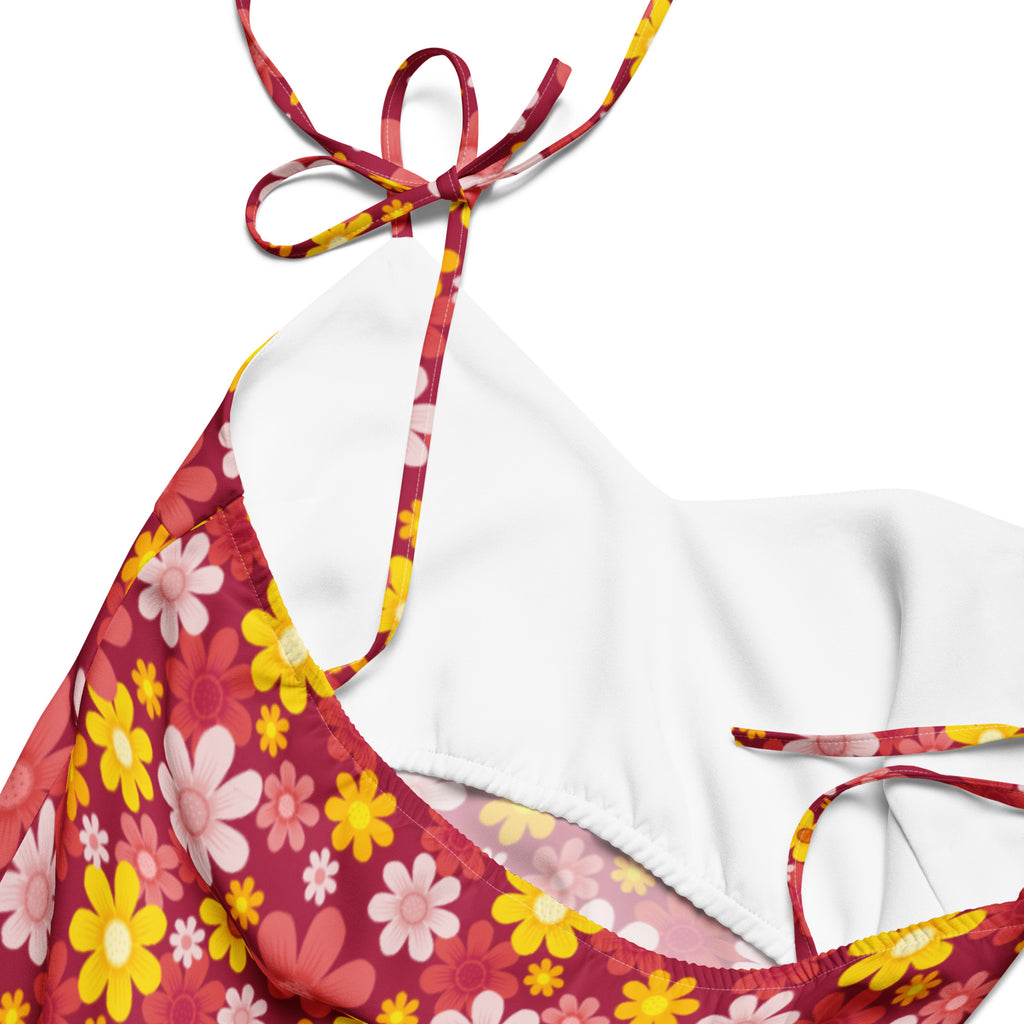 Womens red floral slip dress midi dress with adjustable tie straps and built in bra featuring a vibrant red and yellow floral halter top with white lining