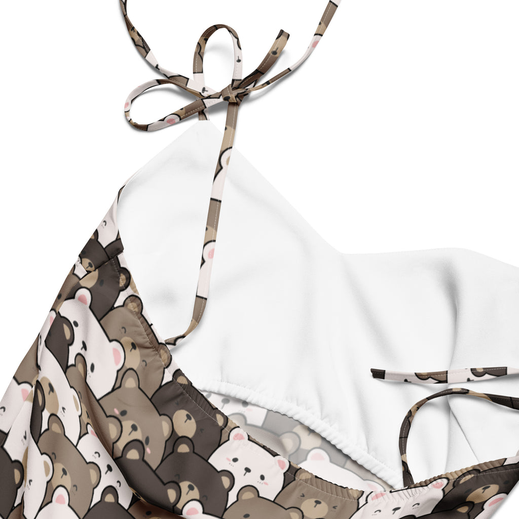 Women’s bear face slip dress midi dress in white halter top bikini style with cartoon bear pattern and adjustable tie straps