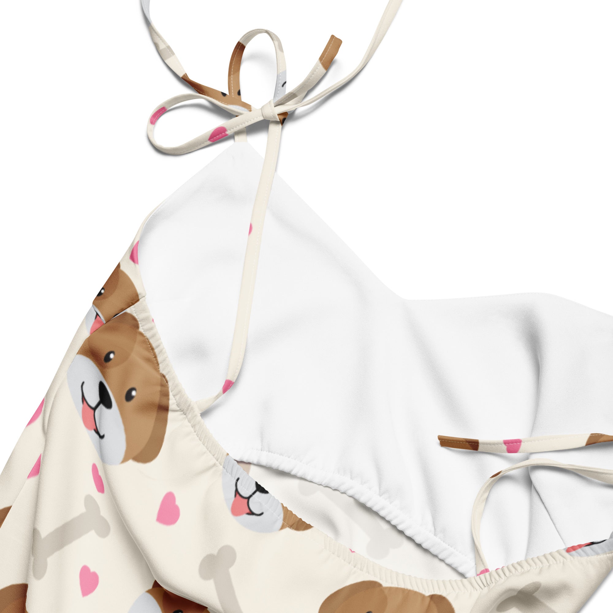 White halter top bikini with brown teddy bears pink hearts and gray bones on off-white fabric for women
