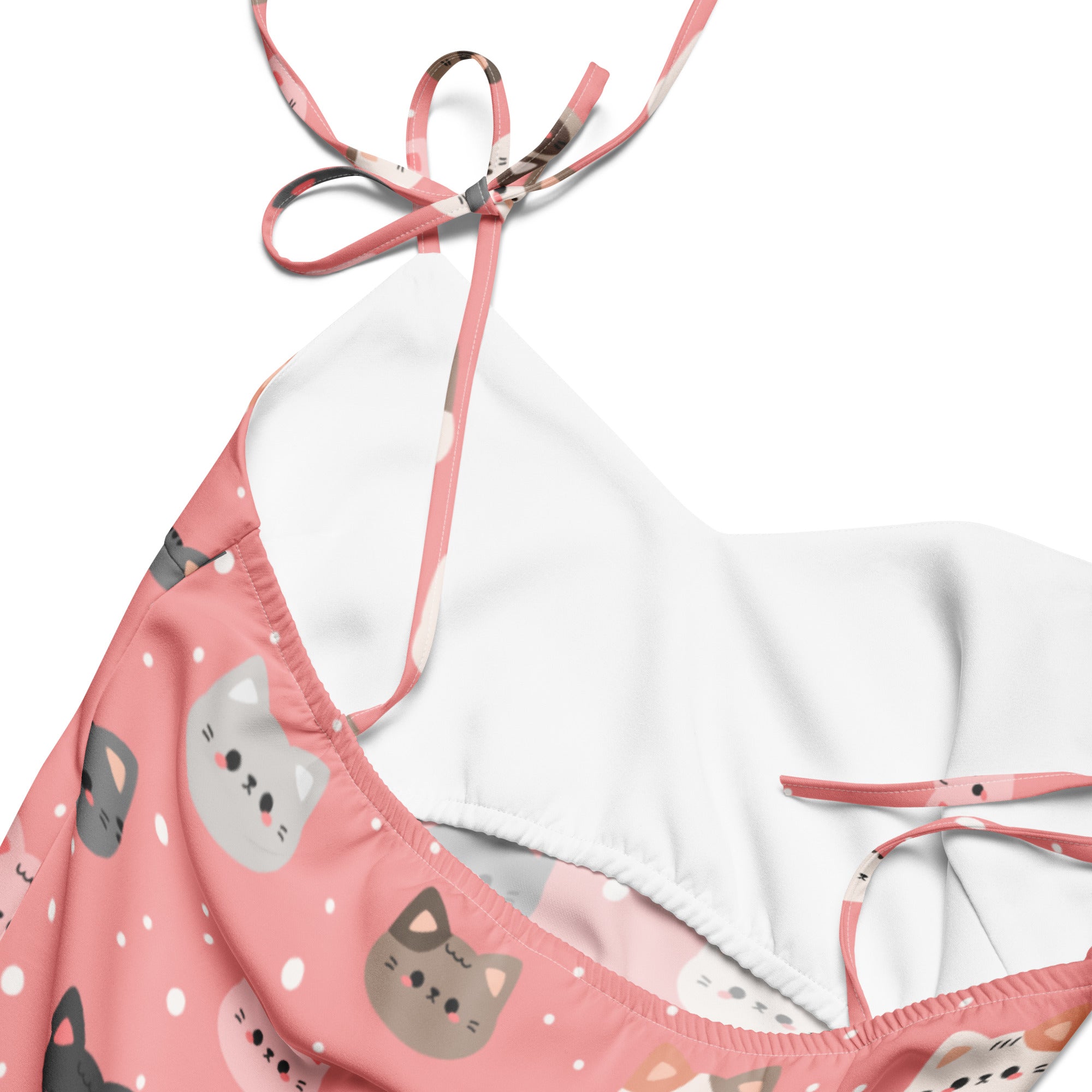 Women’s pink cat-themed bikini top with adjustable straps and white interior lining for comfortable fit
