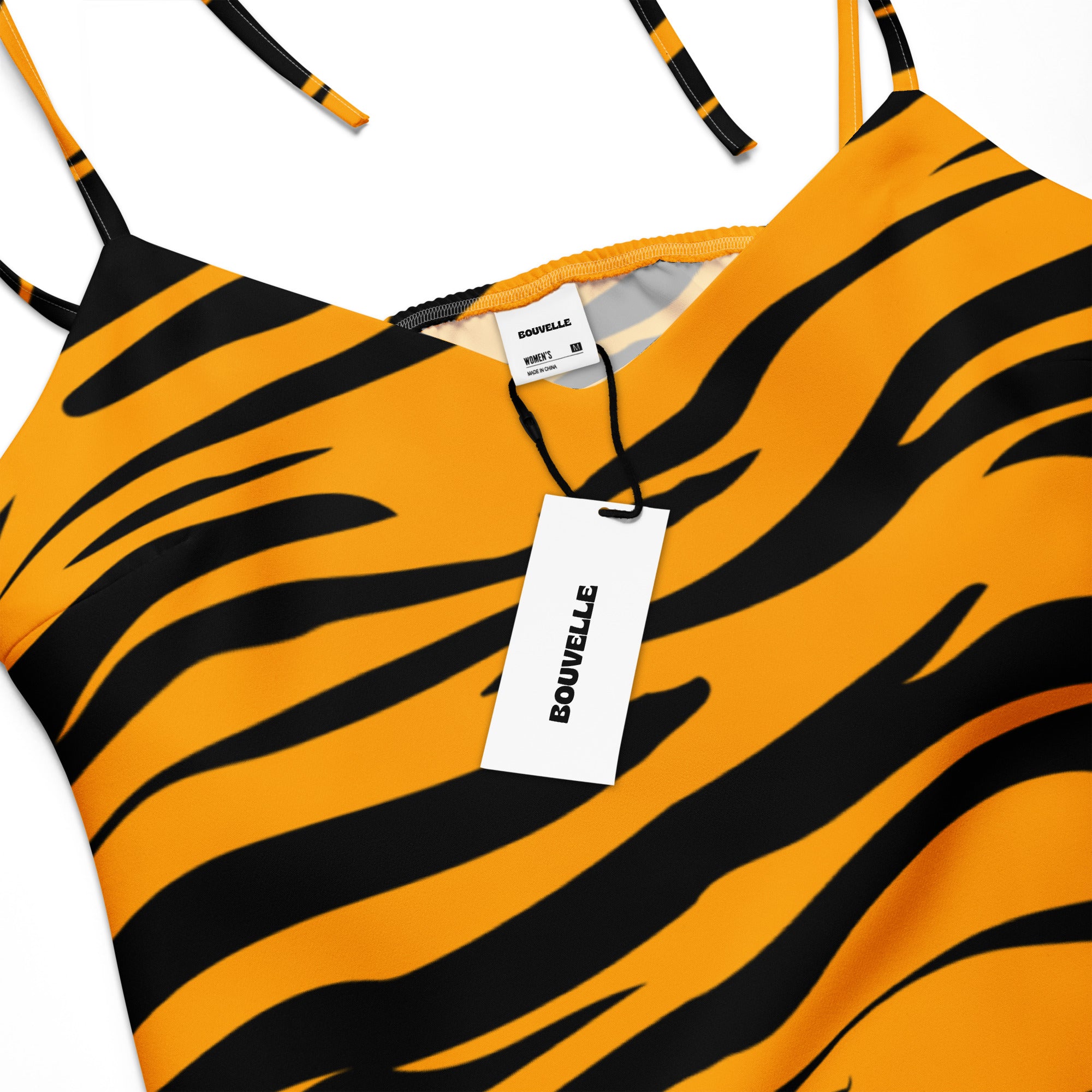 Women’s vibrant orange and black tiger stripe midi slip dress by bouvelle with adjustable tie straps and built in bra
