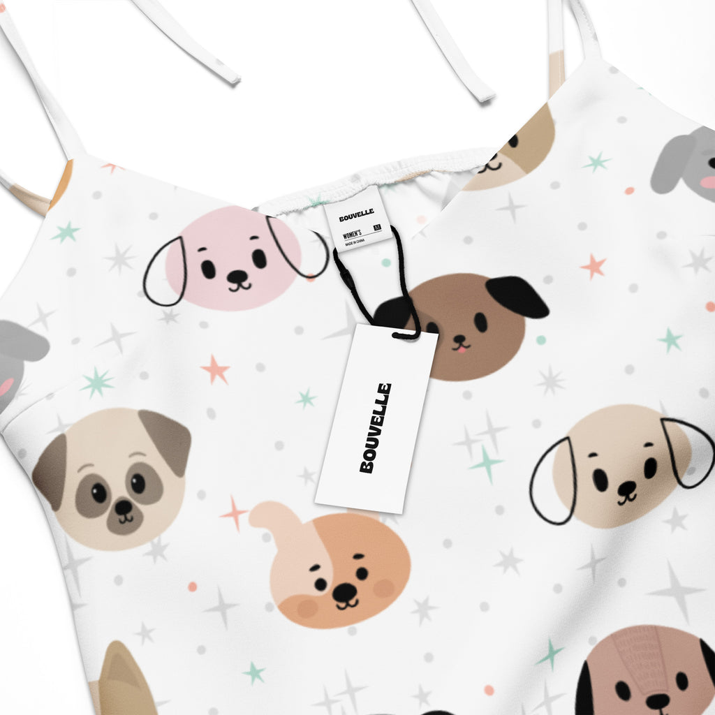 Women’s dog face slip dress midi dress with adjustable tie straps white spaghetti strap top with cartoon dog pattern
