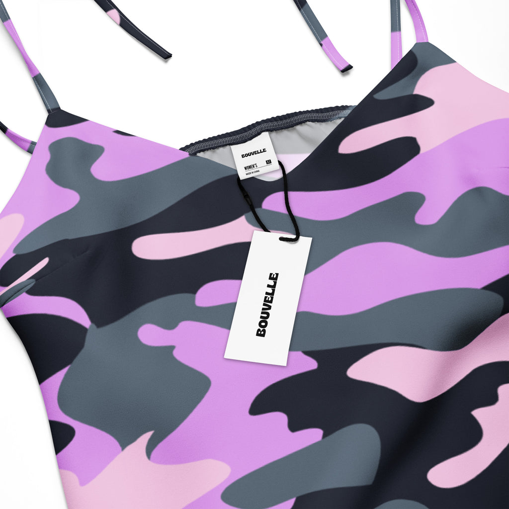 Women’s purple camouflage slip dress midi with adjustable tie straps and built in bra in lavender and black pattern