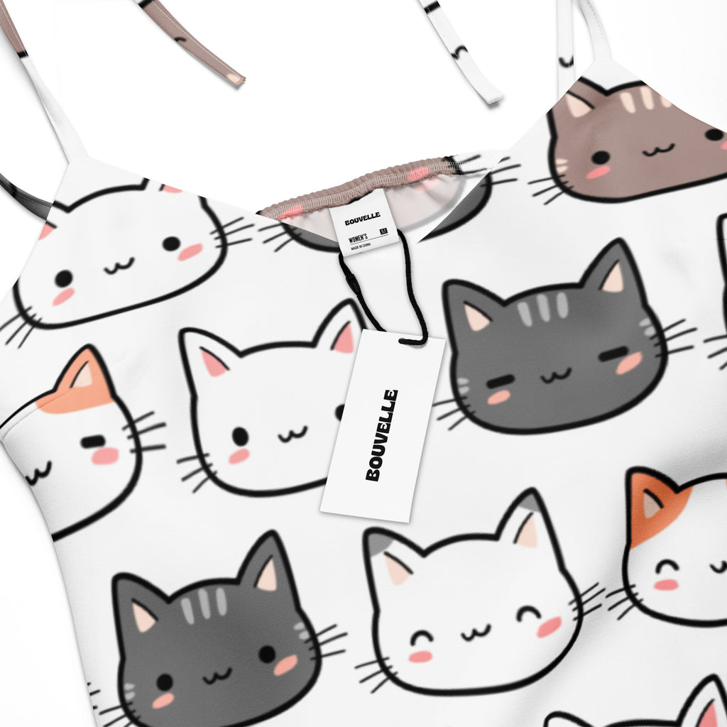 White spaghetti strap women’s midi slip dress with adjustable ties and built-in bra featuring cartoon cat faces in black gray and orange