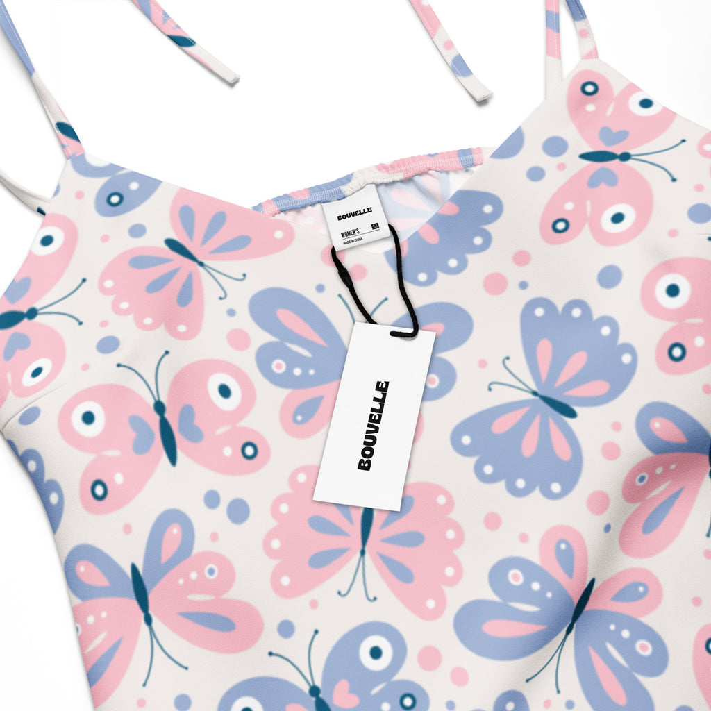 Pink and blue butterfly print women’s spaghetti strap slip midi dress by bouvelle with adjustable tie straps and built in bra
