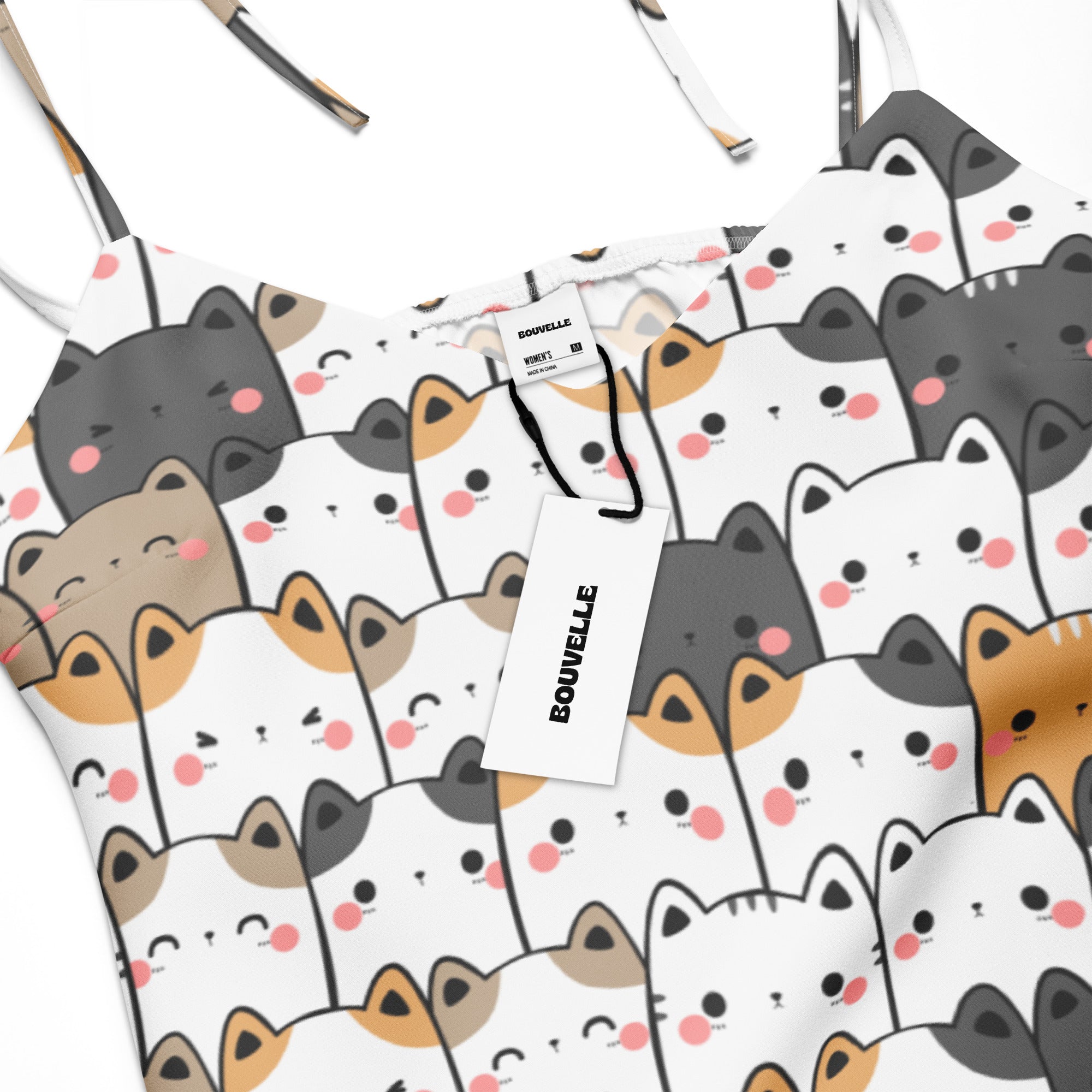 Women’s kawaii cat slip dress midi white spaghetti strap top with cartoon cat pattern and built in bra
