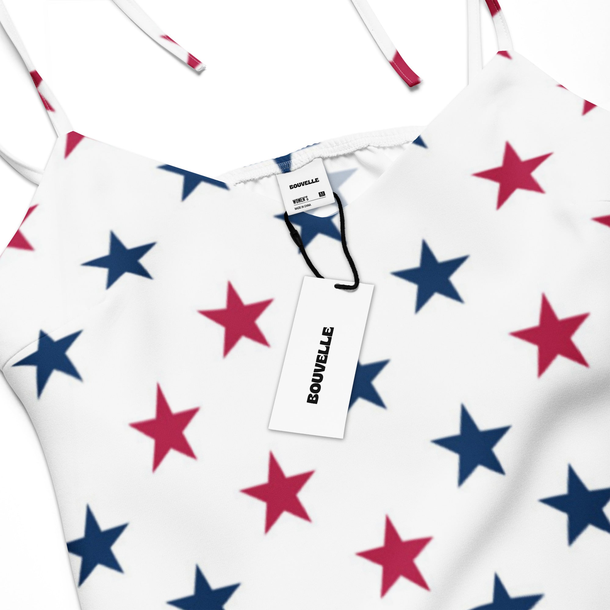 Women's USA Stars Slip Dress - Midi Dress With Adjustable Tie Straps & Built In Bra, close up brand tag