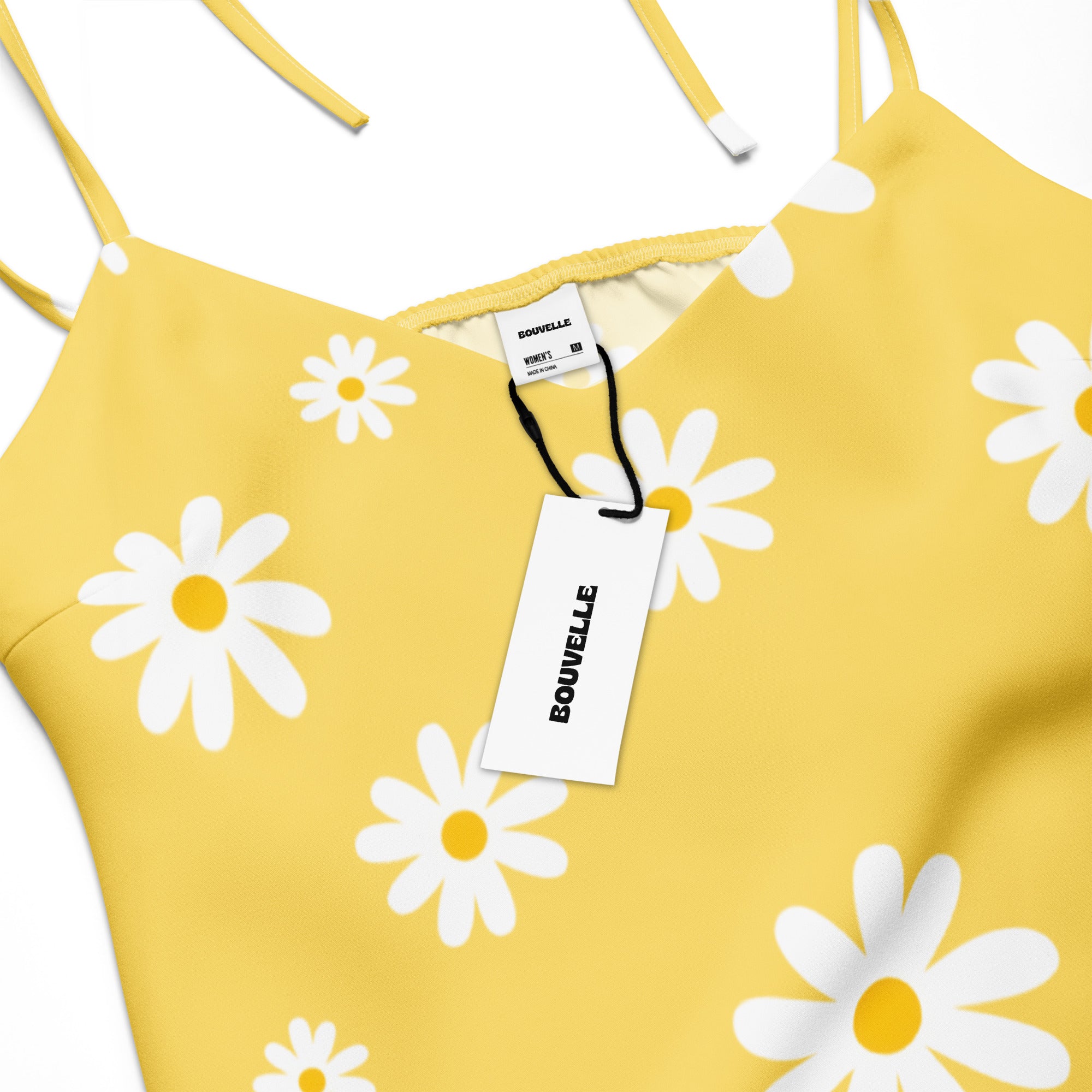 Women’s yellow midi slip dress with white daisy print thin adjustable tie straps and built in bra by bouvelle