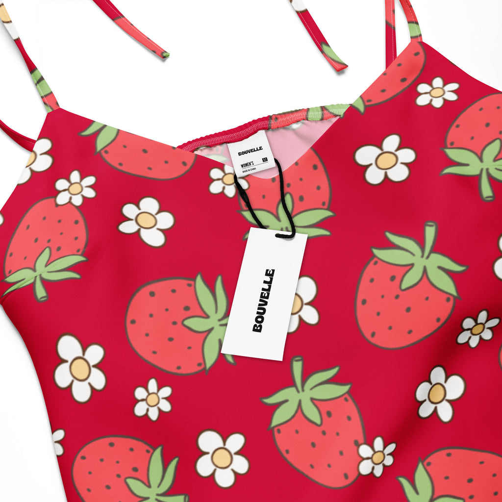 Women’s red strawberry slip midi dress by bouvelle with adjustable tie spaghetti straps and built in bra featuring daisy print