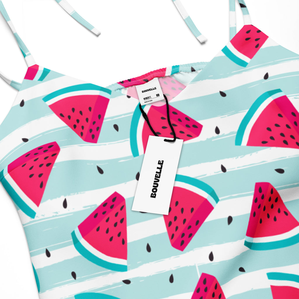 Women’s watermelon stripe slip dress by bouvelle with adjustable tie straps and built-in bra on light blue striped fabric