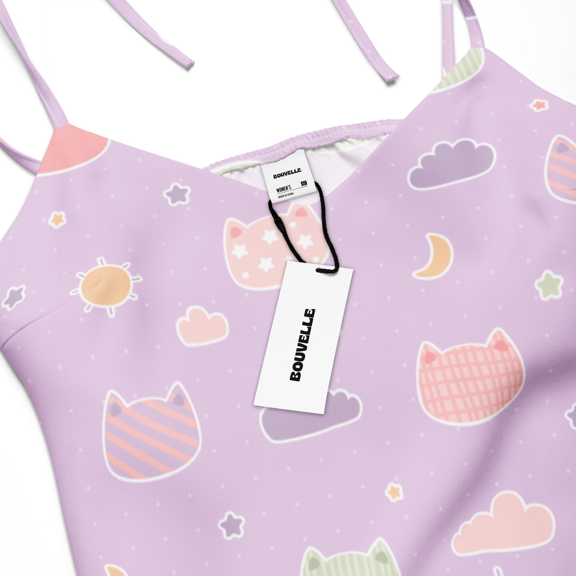 Women’s pastel purple kawaii cats and clouds midi slip dress with adjustable tie straps and playful cat face pattern