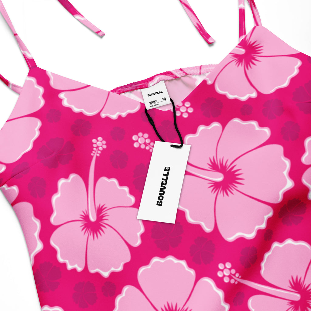 Women’s tropical pink hibiscus slip midi dress by bouvelle with vibrant floral print adjustable tie straps and built-in bra