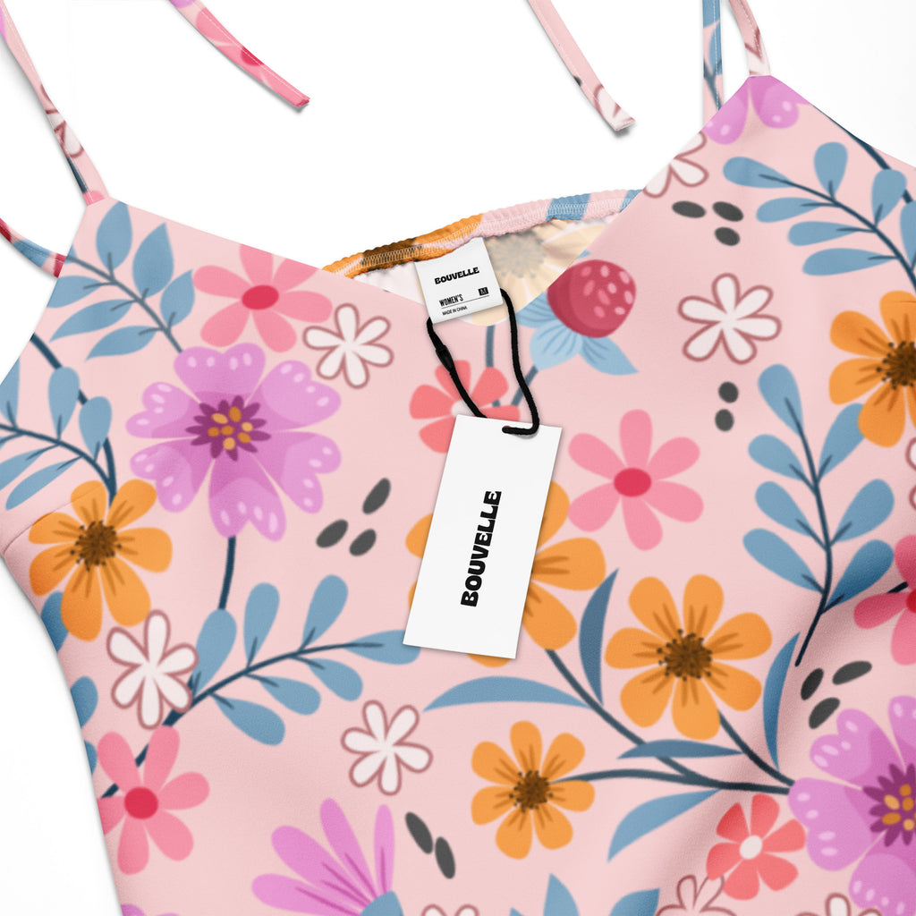 Women’s pink floral slip dress midi dress with adjustable tie straps built in bra featuring vibrant print