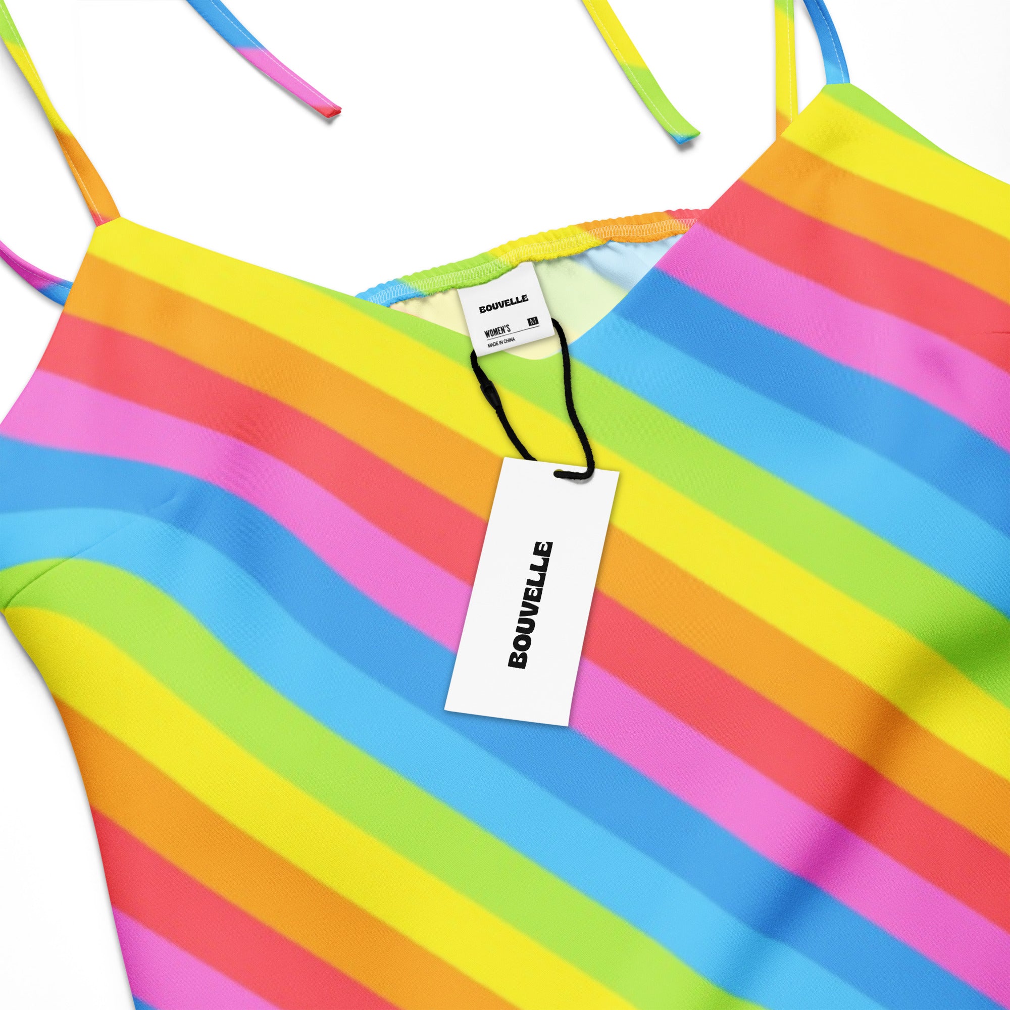 Bouvelle women’s rainbow stripe slip dress midi dress with adjustable tie straps and built in bra in vibrant neon colors