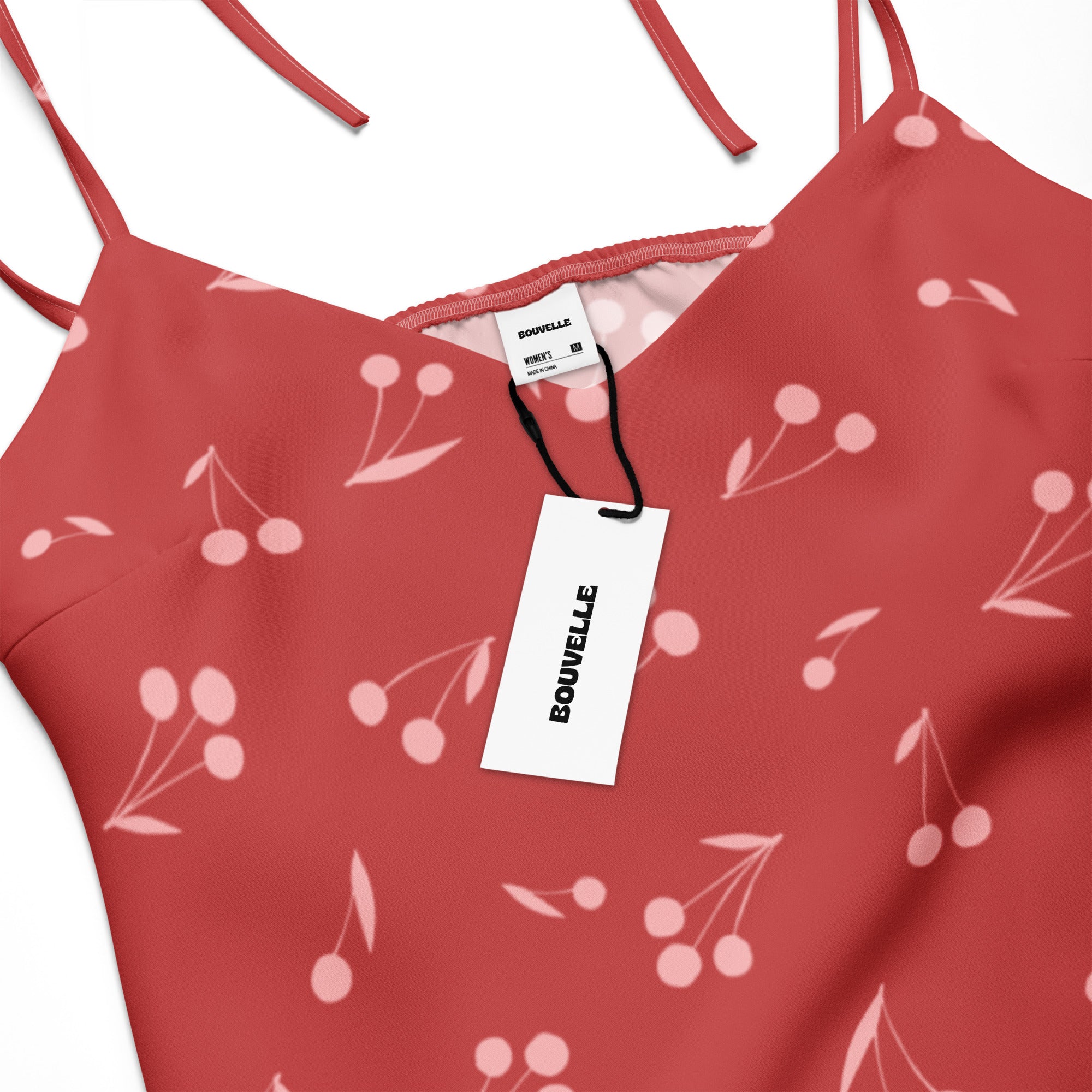 Women’s red cherry print slip dress midi with adjustable tie straps soft flowing fabric and built in bra