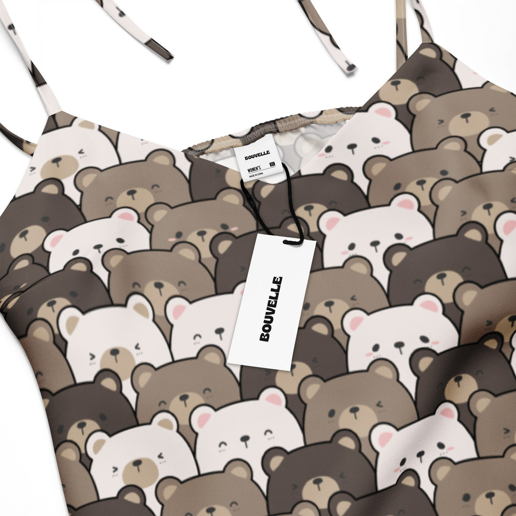 Women’s midi slip dress with adjustable tie straps and built in bra featuring a brown and white bear face print