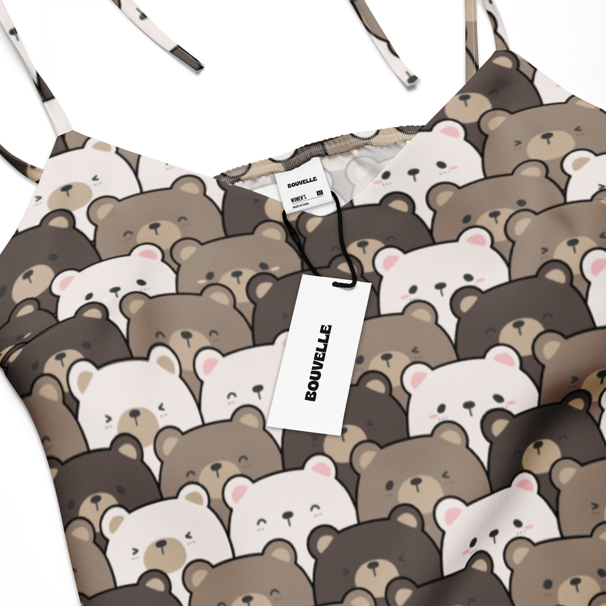 Women’s midi slip dress with adjustable tie straps and built in bra featuring a brown and white bear face print