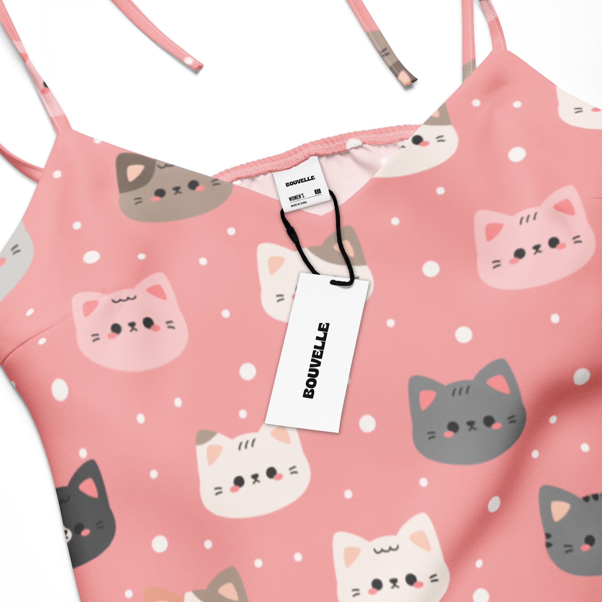 Women’s pink cat slip dress midi dress with adjustable tie straps and built in bra featuring playful cartoon cats