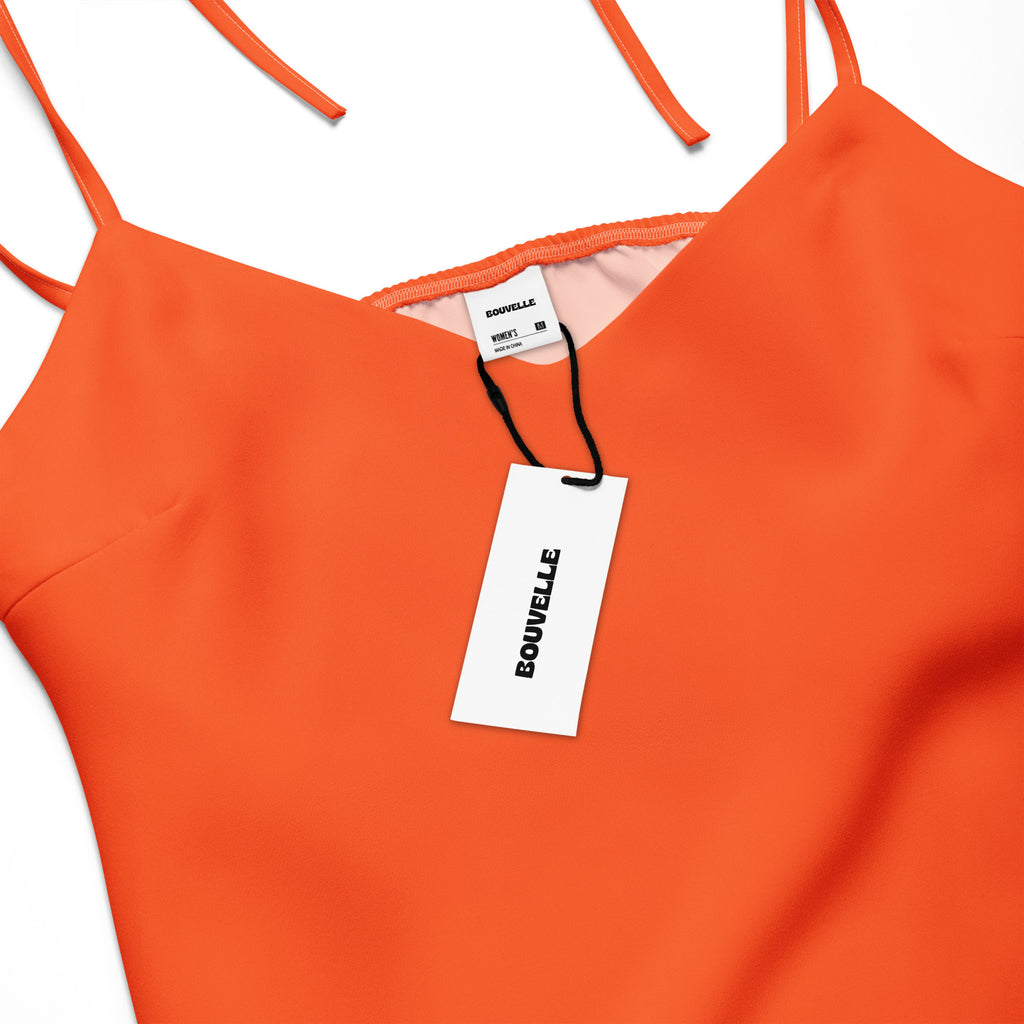 Women's bright orange midi slip dress with adjustable tie straps and built-in bra, Bouvelle