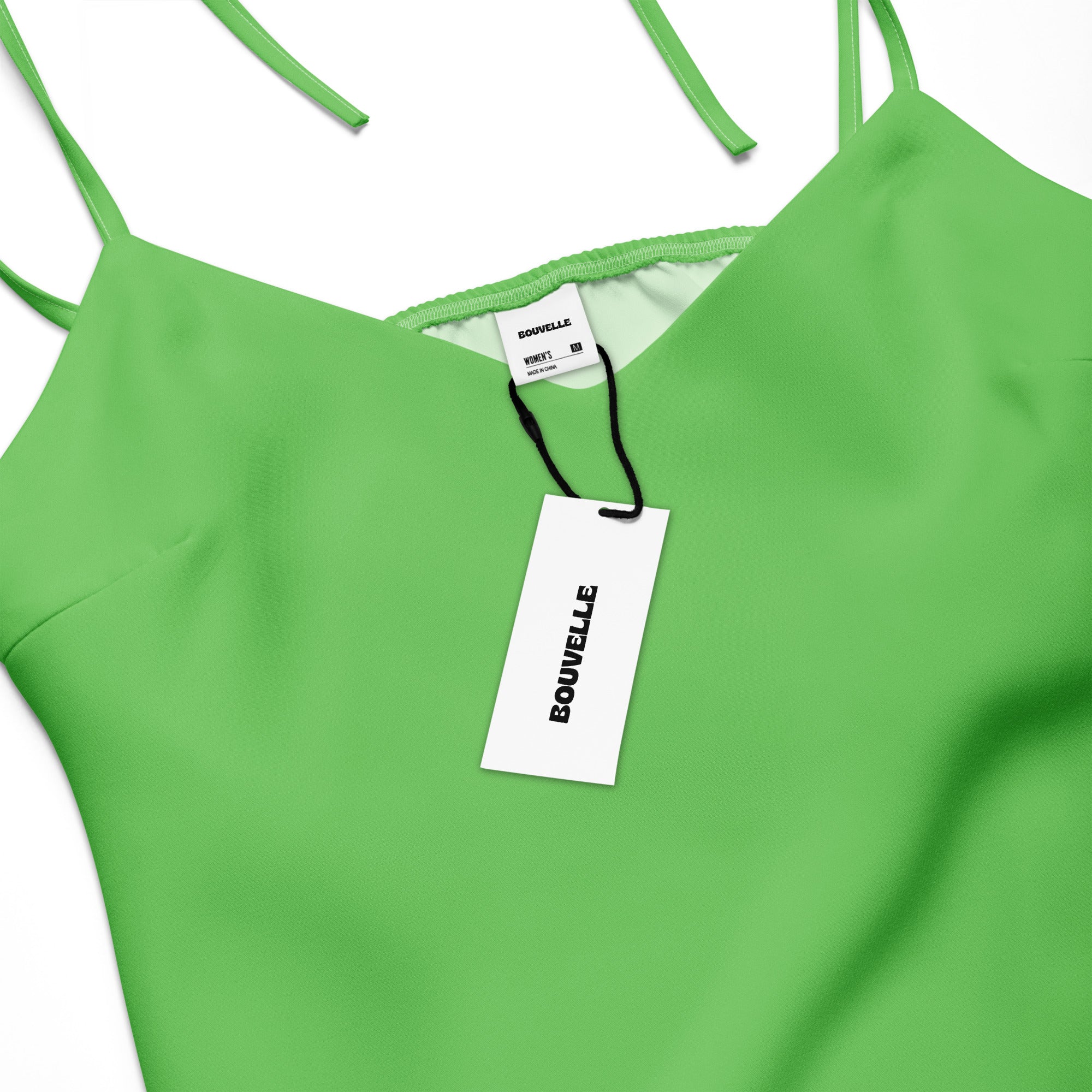Women's green slip dress, Bouvelle, midi length with adjustable tie straps and built-in bra.