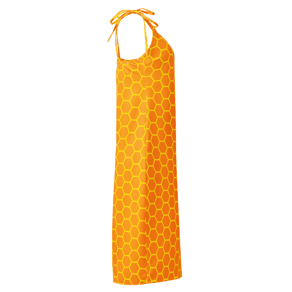 Women pink slip midi dress with adjustable tie straps and built in bra in vibrant orange with yellow honeycomb pattern