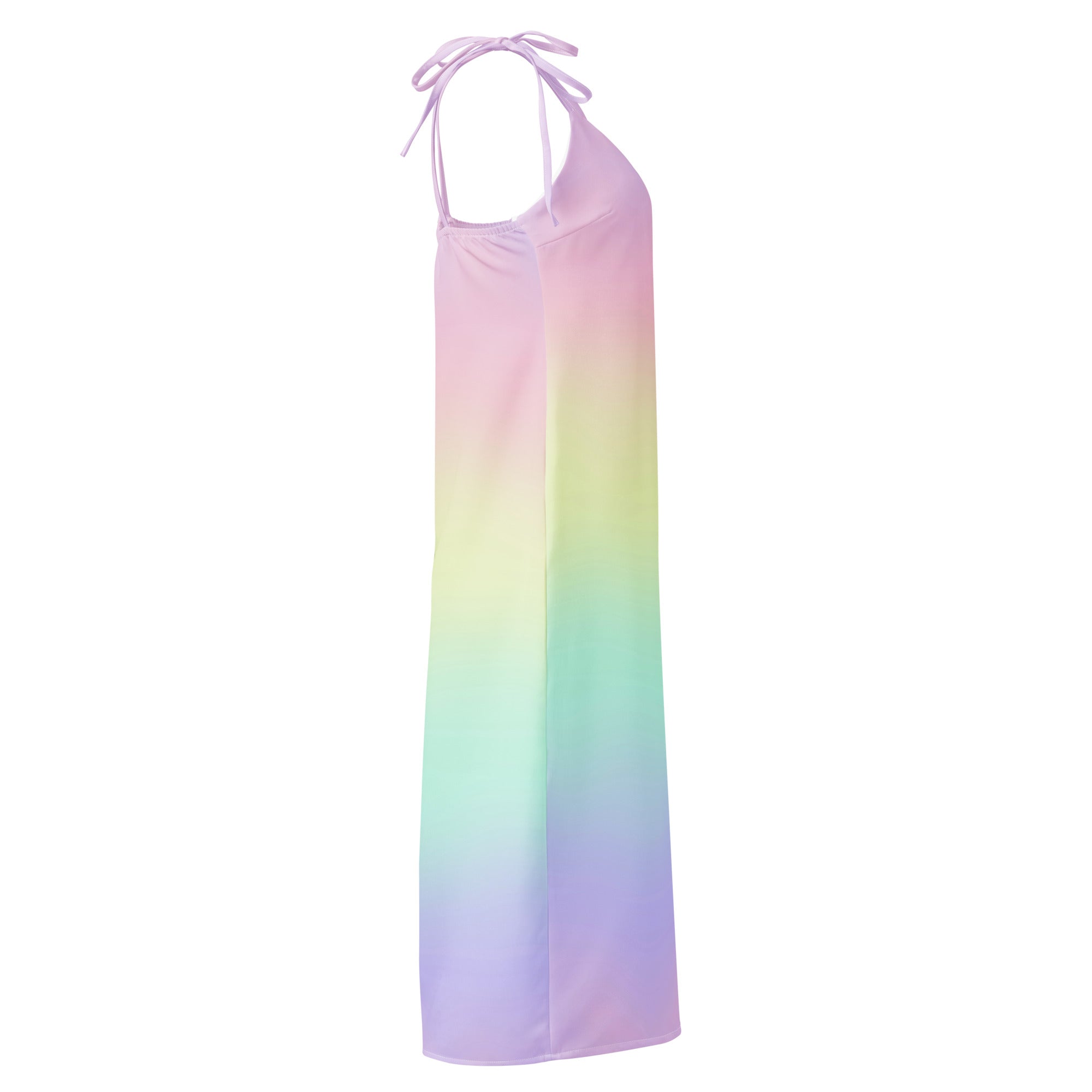A flowing halter neck maxi slip dress with a soft pastel rainbow gradient and adjustable tie straps for women
