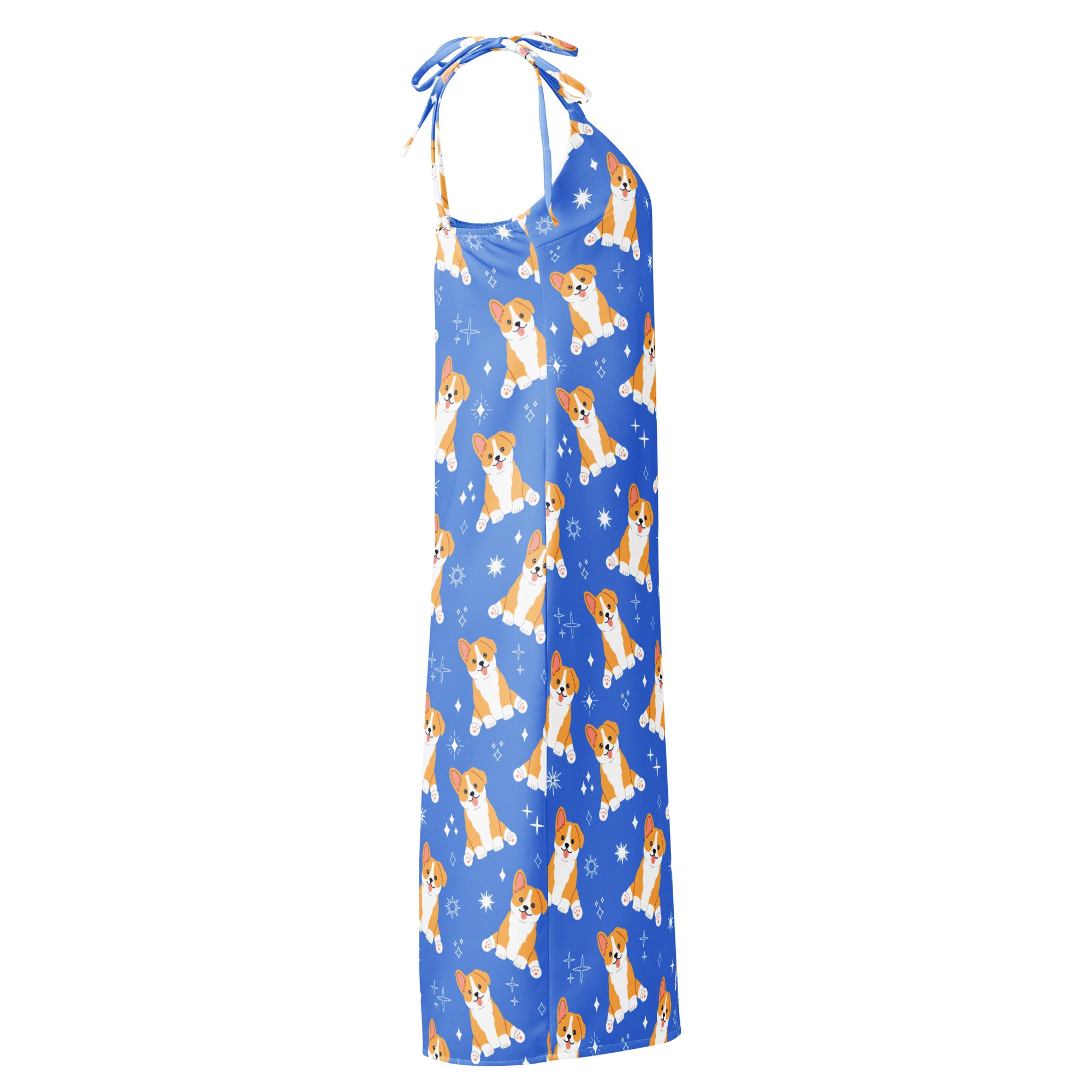 Women’s blue corgi dog slip dress midi dress with adjustable tie straps and built in bra featuring orange and white corgis