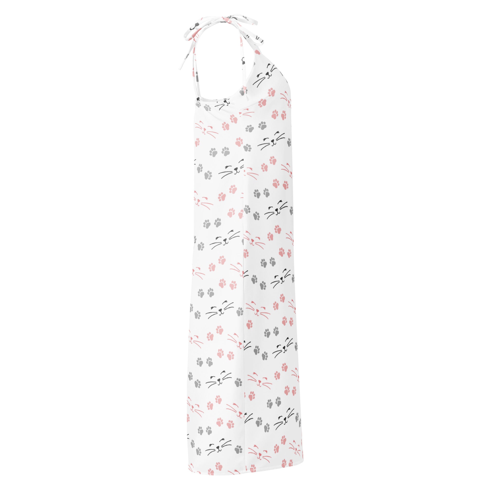 White halter neck midi slip dress with adjustable tie straps and built in bra featuring pink and gray cat faces and paw prints
