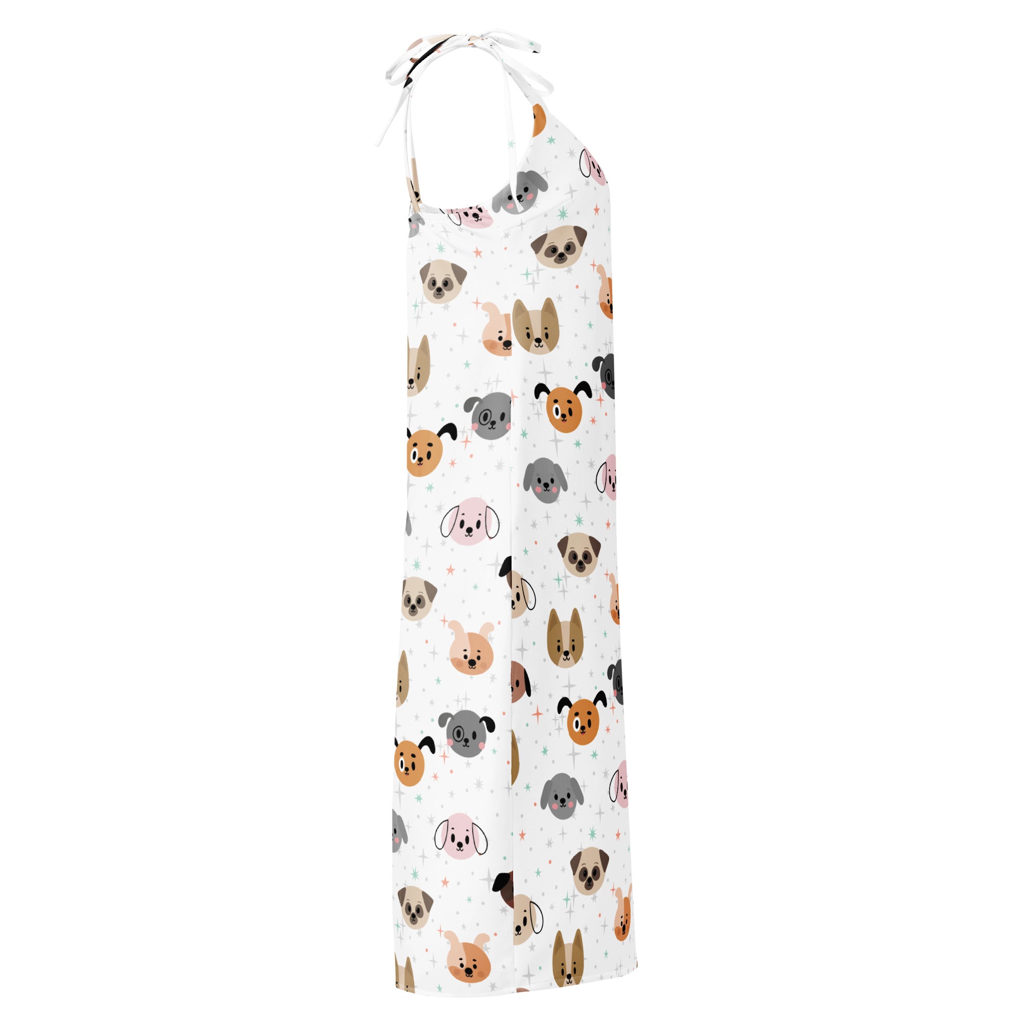 Women’s white halter-neck apron with colorful cartoon dog faces perfect for cooking and casual wear