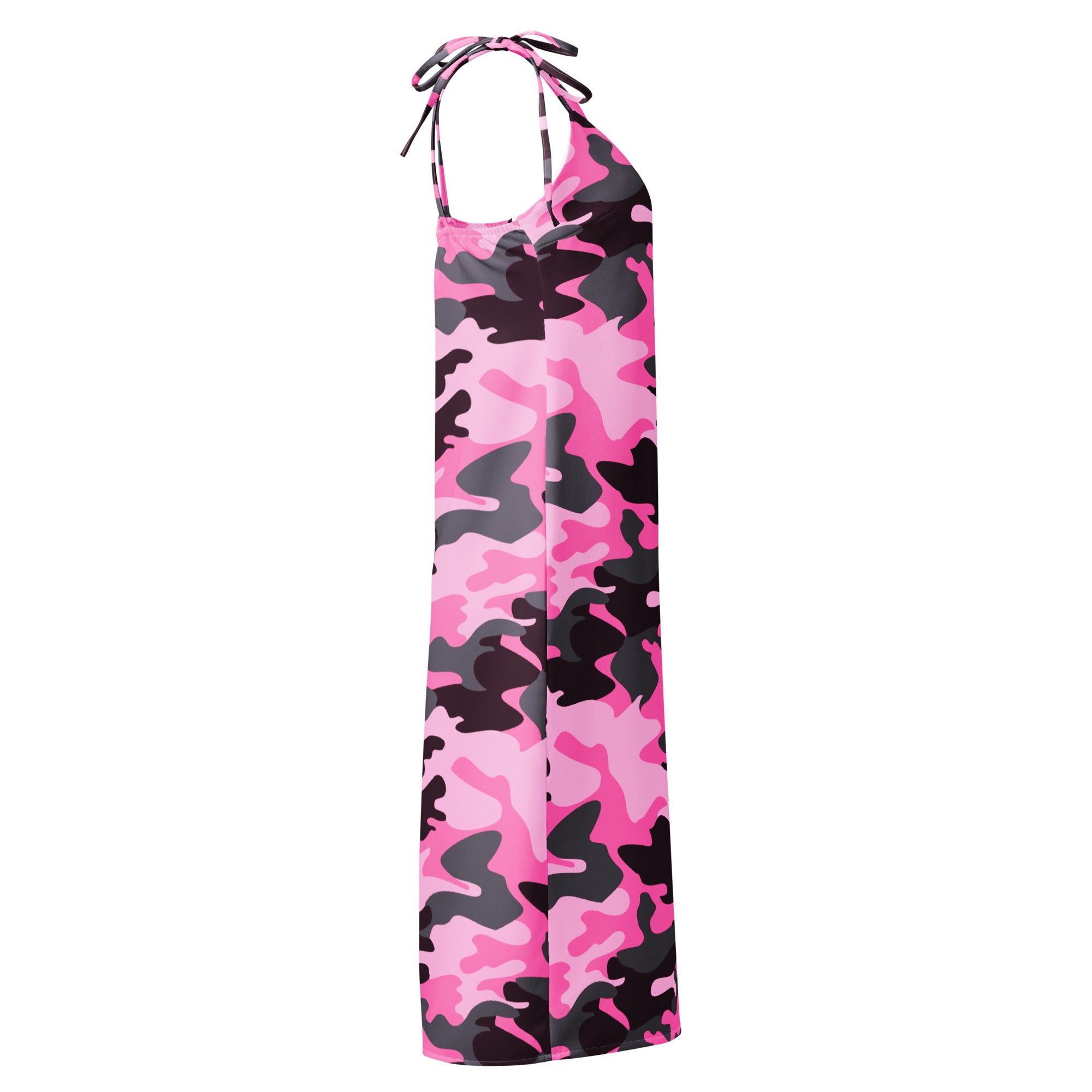 Women’s pink and black camouflage halter-neck maxi dress with tie-back neckline and adjustable straps
