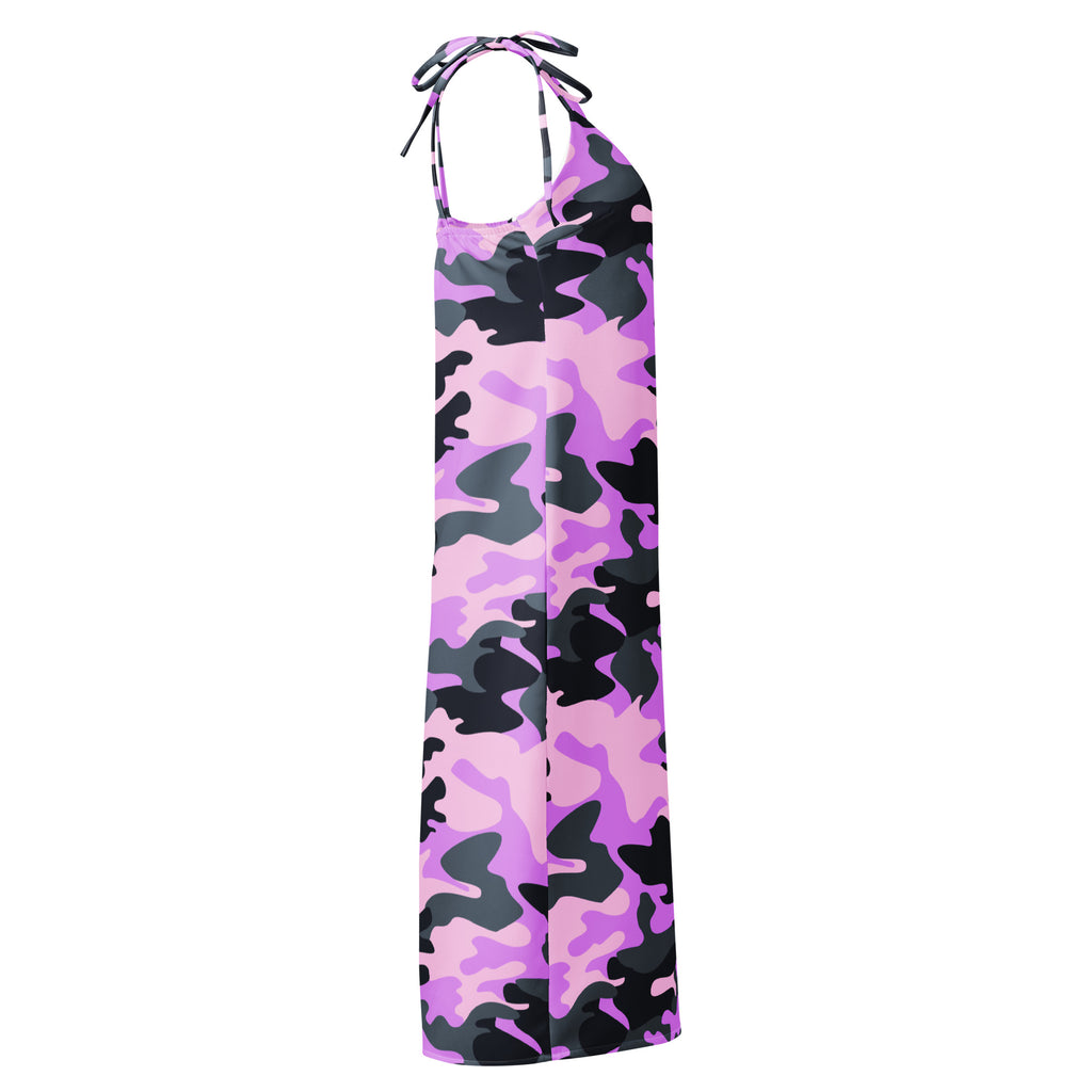 A flowing halter neck maxi dress in vibrant purple and black camouflage made from lightweight fabric