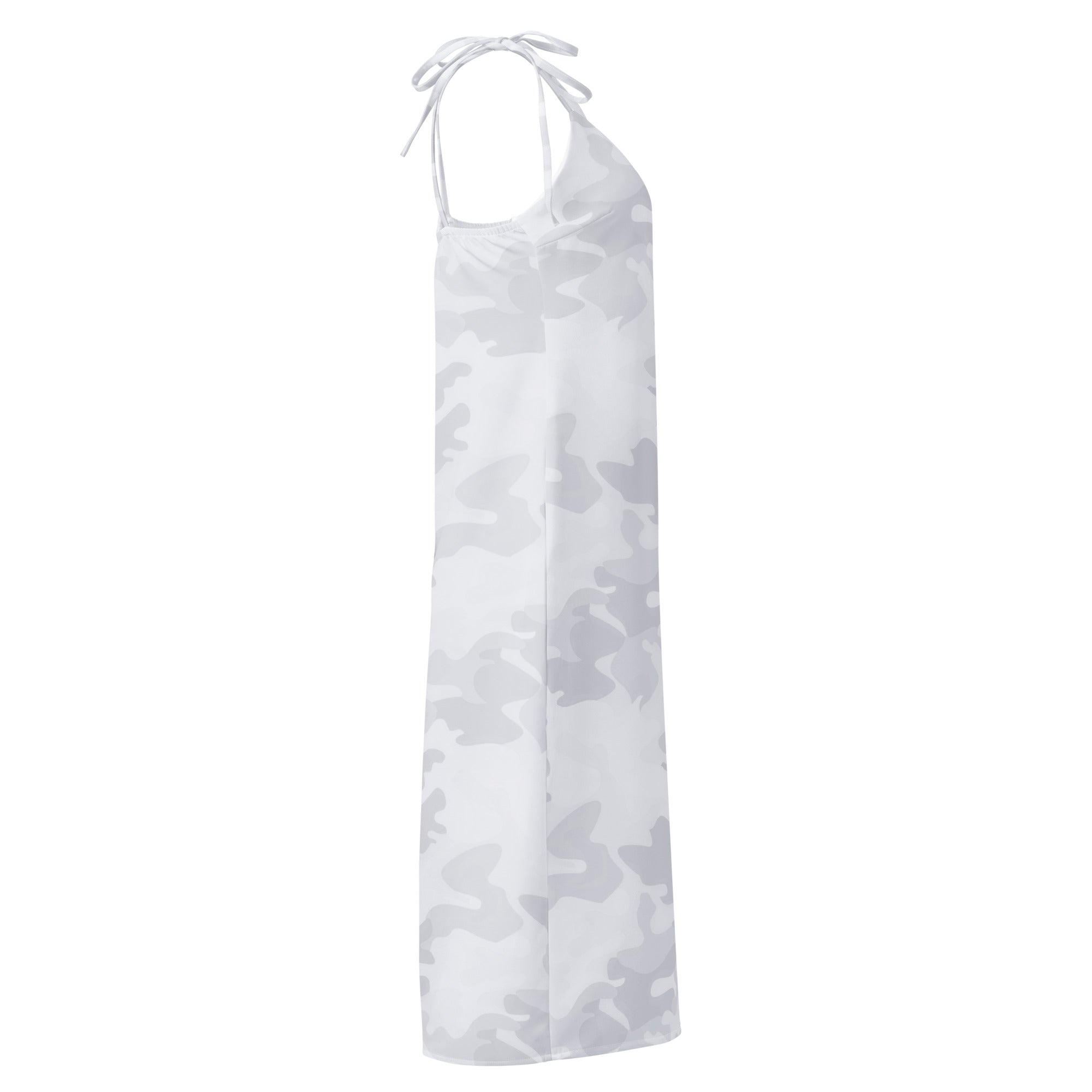 A white and gray camouflage halter neck maxi dress with thin adjustable tie straps and built in bra