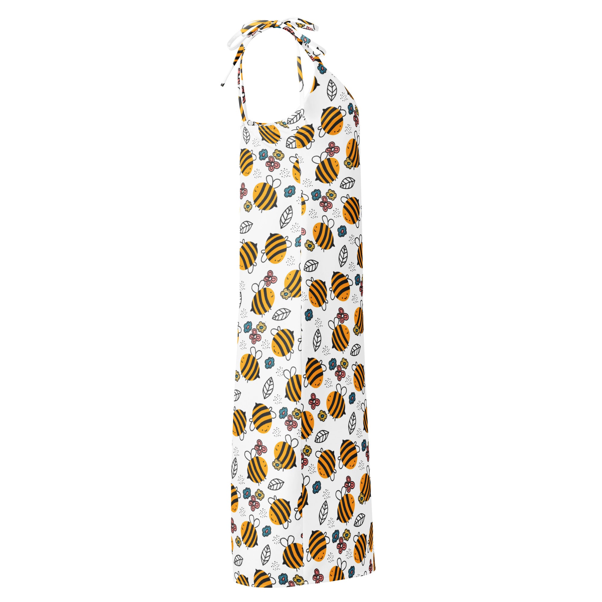 White halter-neck midi slip dress with yellow bumblebee print green leaves small flowers and adjustable tie straps