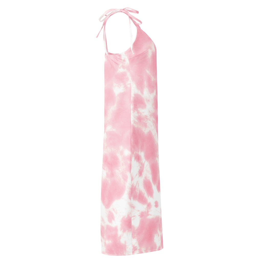 Women’s pink and white tie dye midi slip dress with flowing fabric and delicate adjustable halter straps and built in bra