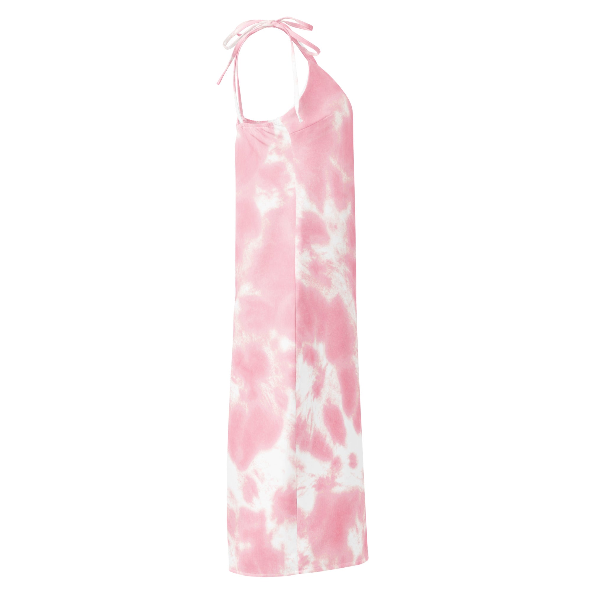 Women’s pink and white tie dye midi slip dress with flowing fabric and delicate adjustable halter straps and built in bra