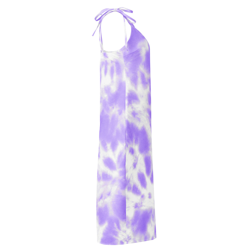 A flowing lavender and white tie dye halter midi dress with adjustable straps and built in bra for women