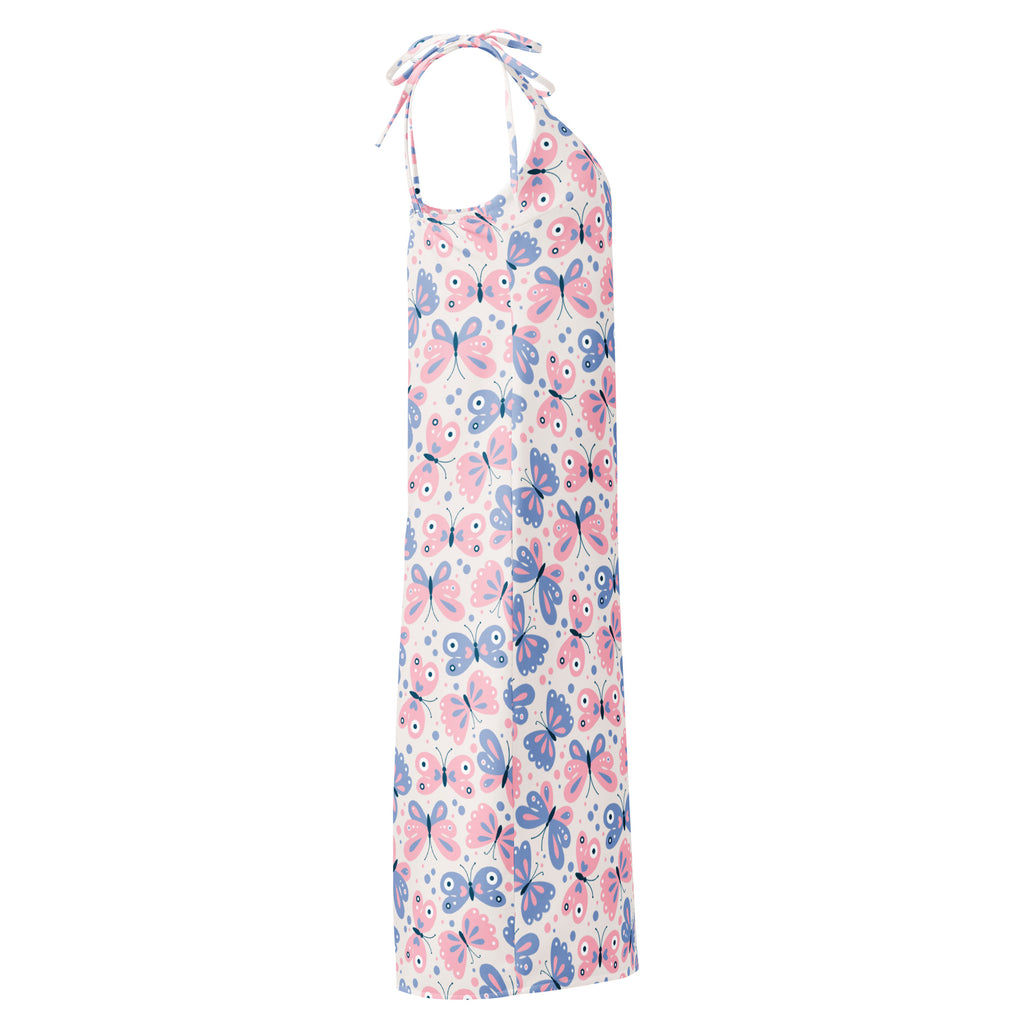 Women’s butterfly print slip dress midi dress with adjustable tie straps and built in bra featuring pink and blue butterflies on white