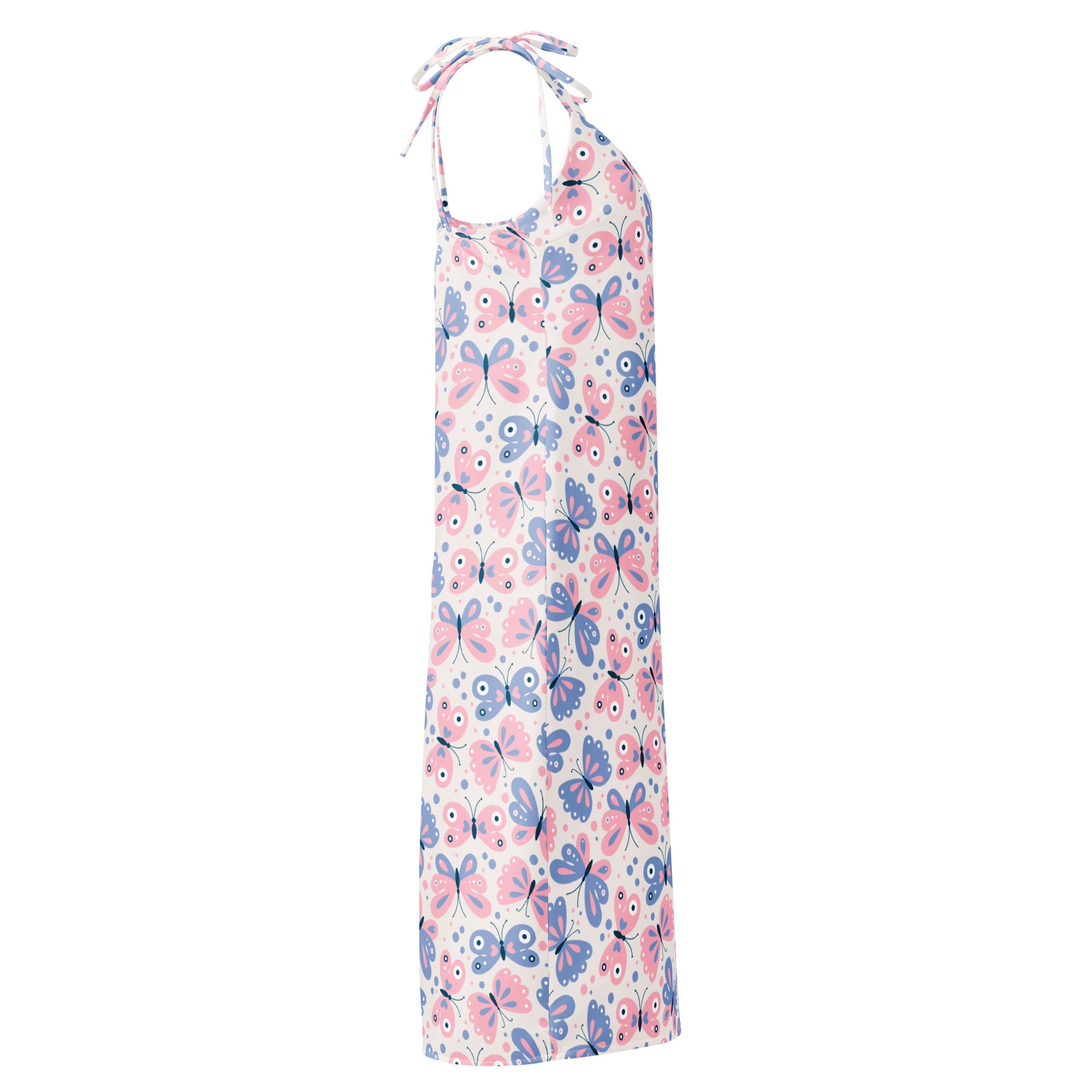 Women’s butterfly print slip dress midi dress with adjustable tie straps and built in bra featuring pink and blue butterflies on white