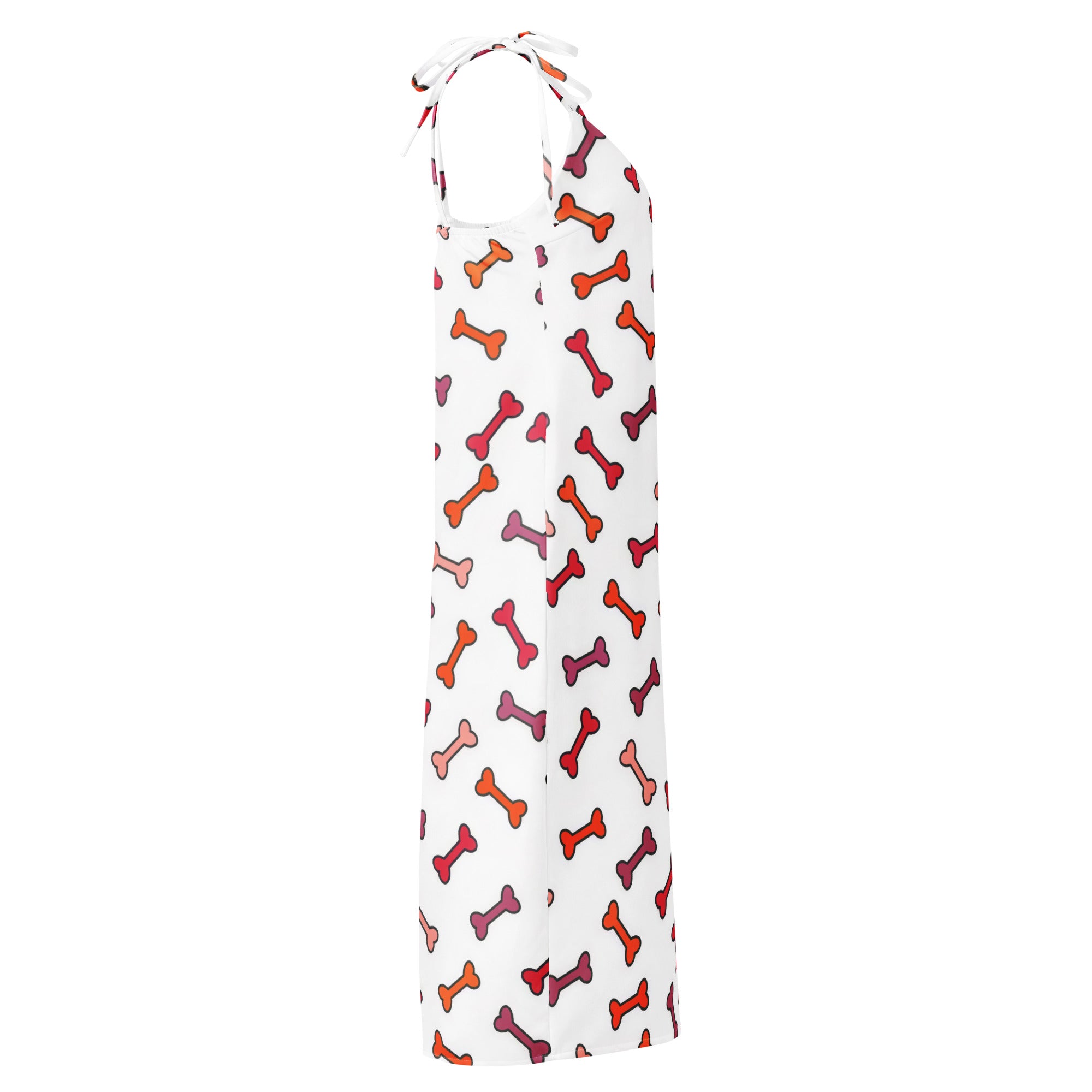 White halter-neck midi slip dress with colorful orange red and pink bone pattern and adjustable tie straps with bra