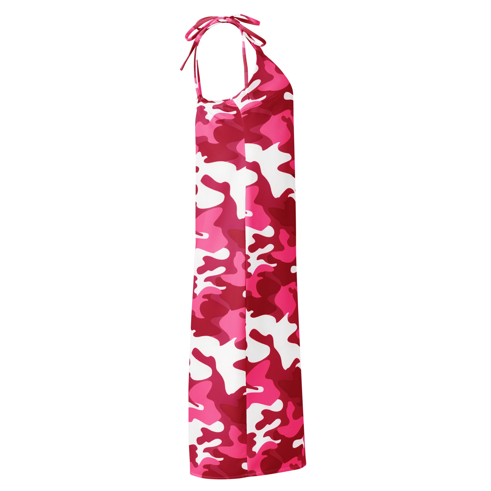 A vibrant pink and white camouflage halter-neck maxi dress with a flowing straight-cut silhouette for women