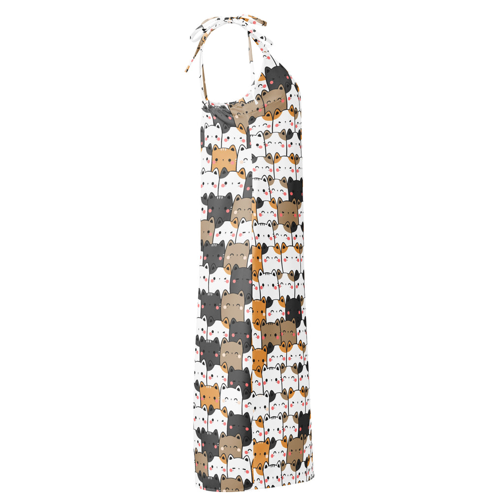 Women’s kawaii cat slip dress midi white halter neck with colorful cartoon cat pattern and adjustable tie straps