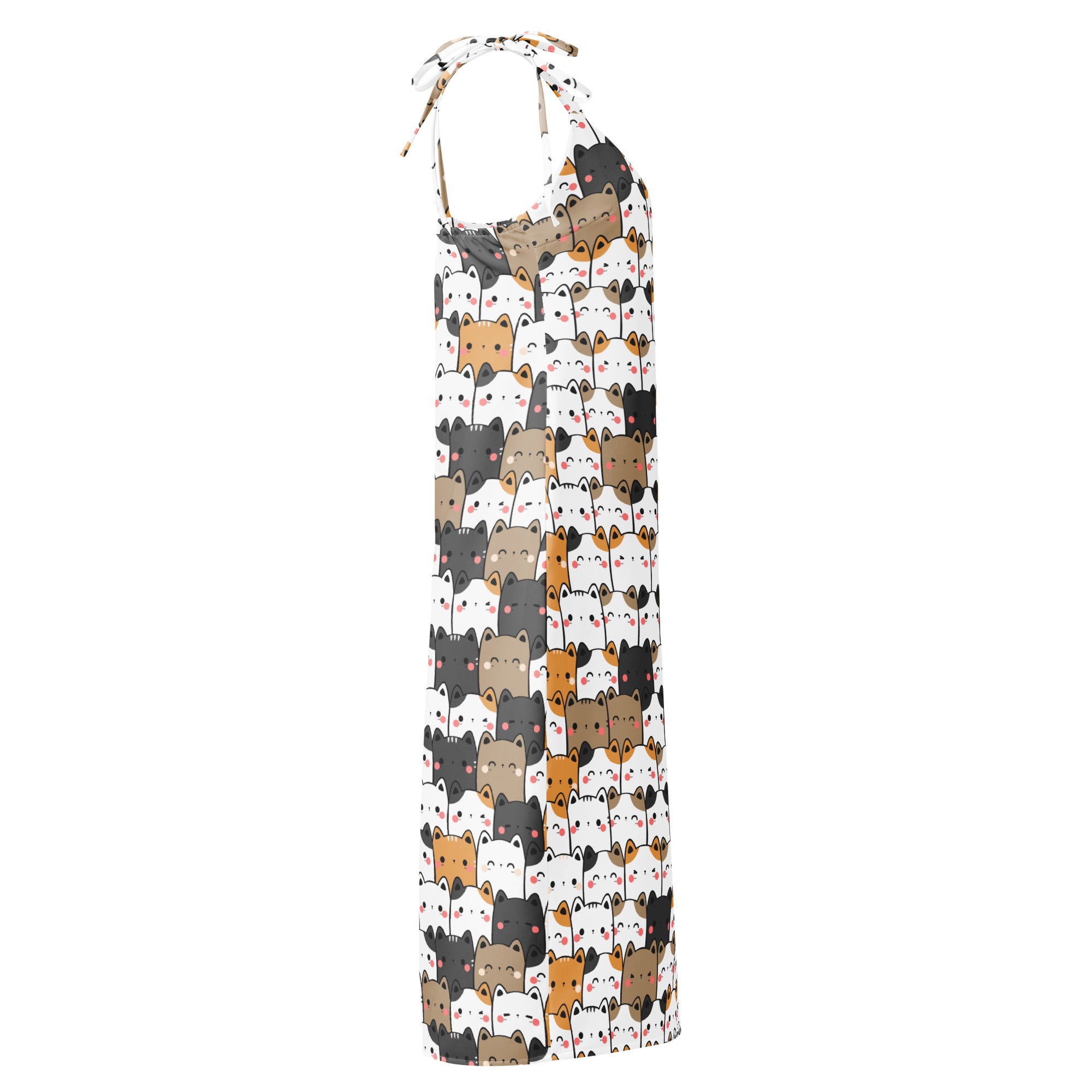 Women’s kawaii cat slip dress midi white halter neck with colorful cartoon cat pattern and adjustable tie straps