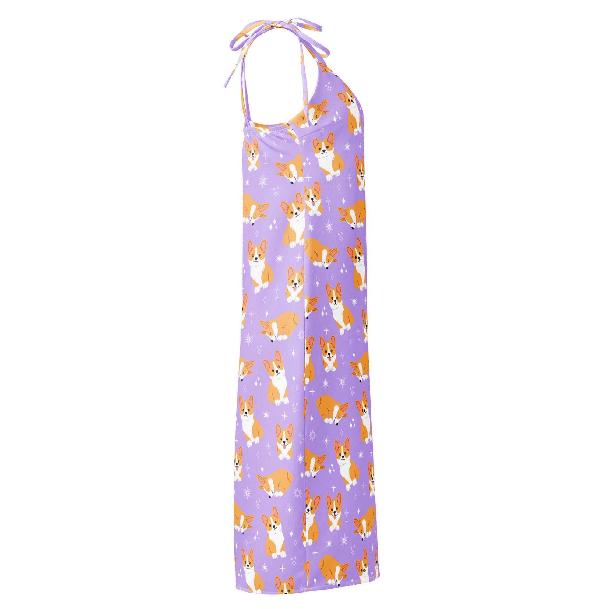 Purple dress with corgi pattern on a white background