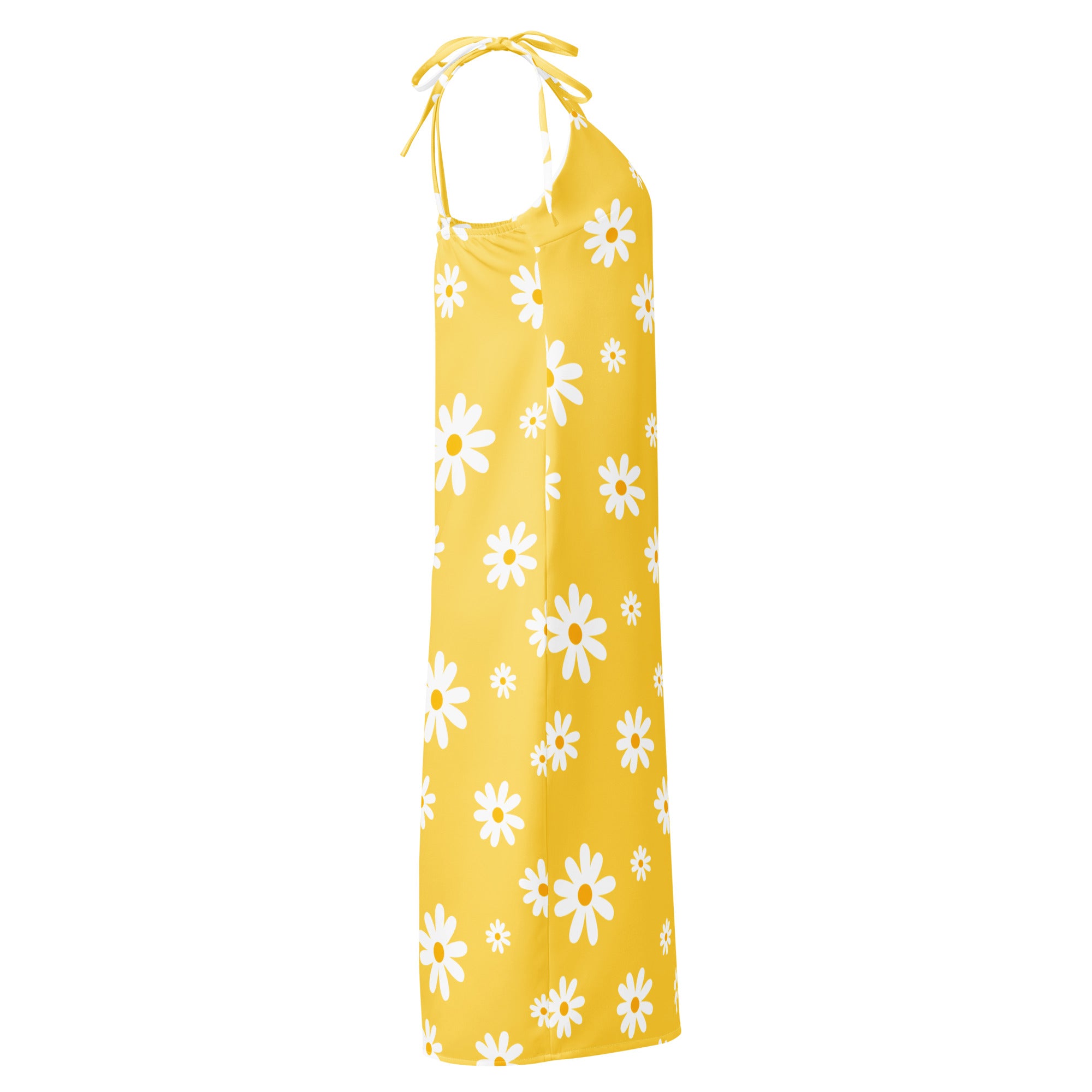 Women’s yellow daisy slip dress midi with adjustable tie straps and built-in bra featuring a vibrant floral pattern