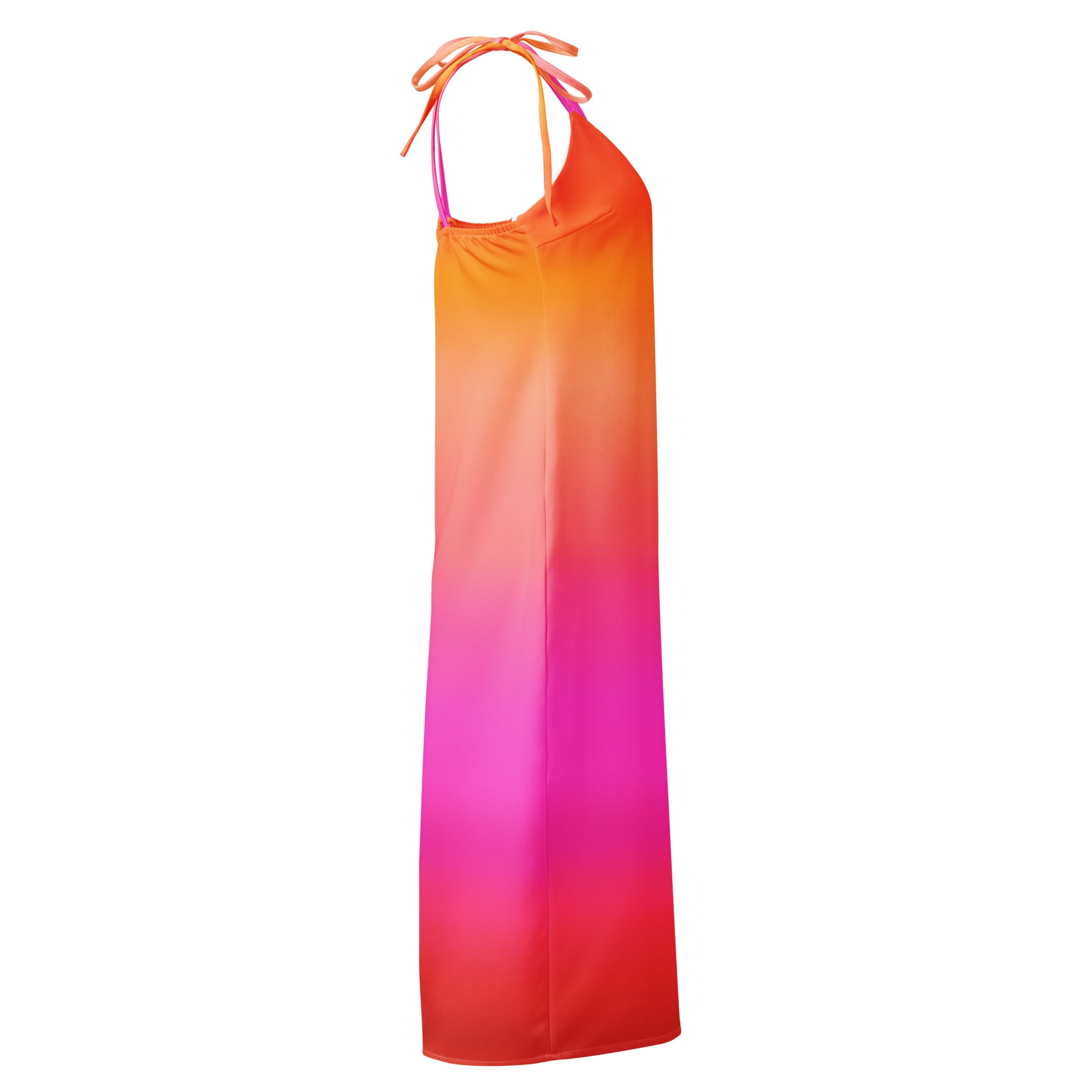 A vibrant sunset ombre halter-neck maxi dress with adjustable tie straps and built-in bra in orange to magenta gradient